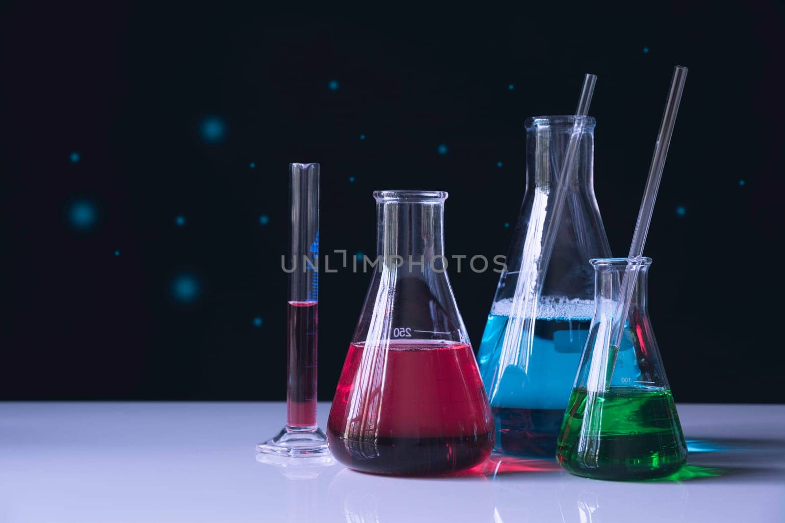 Glass laboratory chemical test tubes with liquid for analytical , medical, pharmaceutical and scientific research concept.