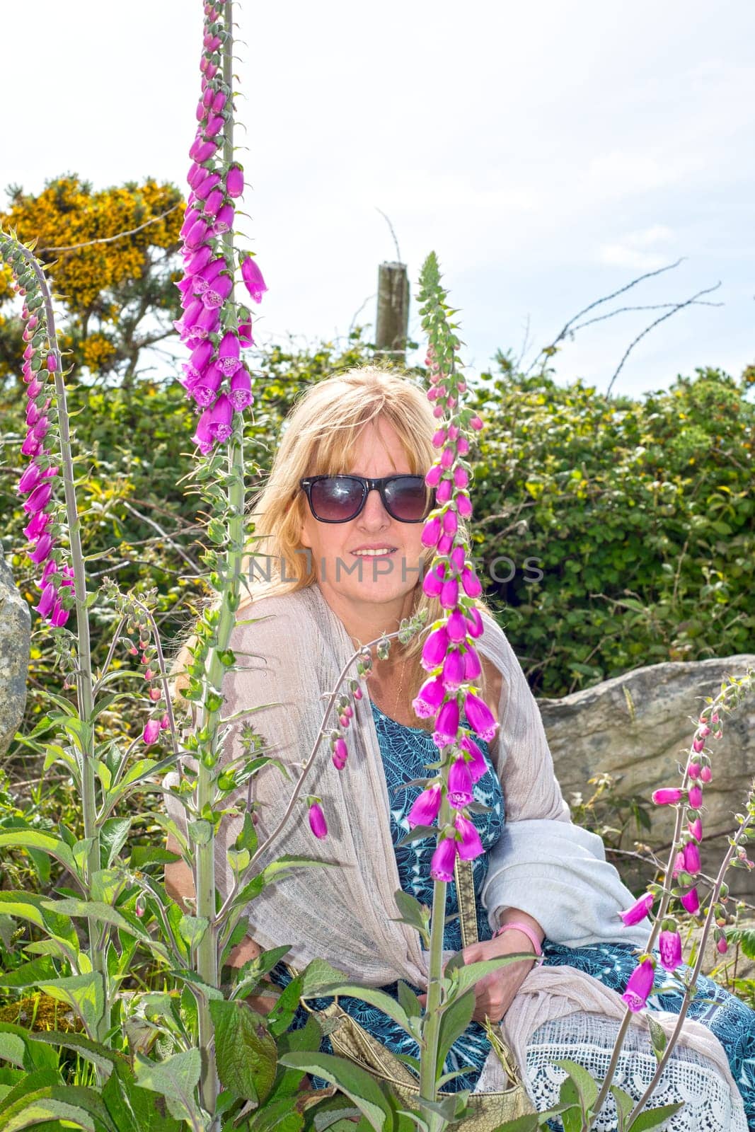 beautiful middle aged woman among wild fox gloves in the irish countryside