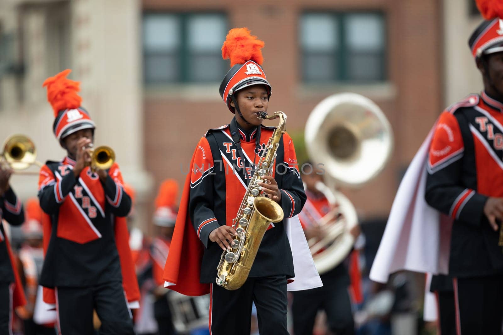 Indianapolis, Indiana, USA - September 22, 2018: The Circle City Classic Parade, The Benton Harbor High Shcool Tiger Marching Band from Michigan performing during the parade