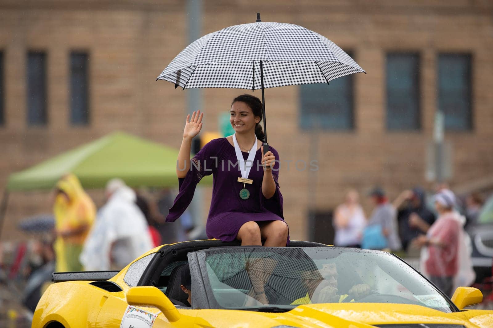 Peru, Indiana, USA - July 21, 2018 Distinguished young woman of miami co on a car going down the road at the Circus City Festival Parade
