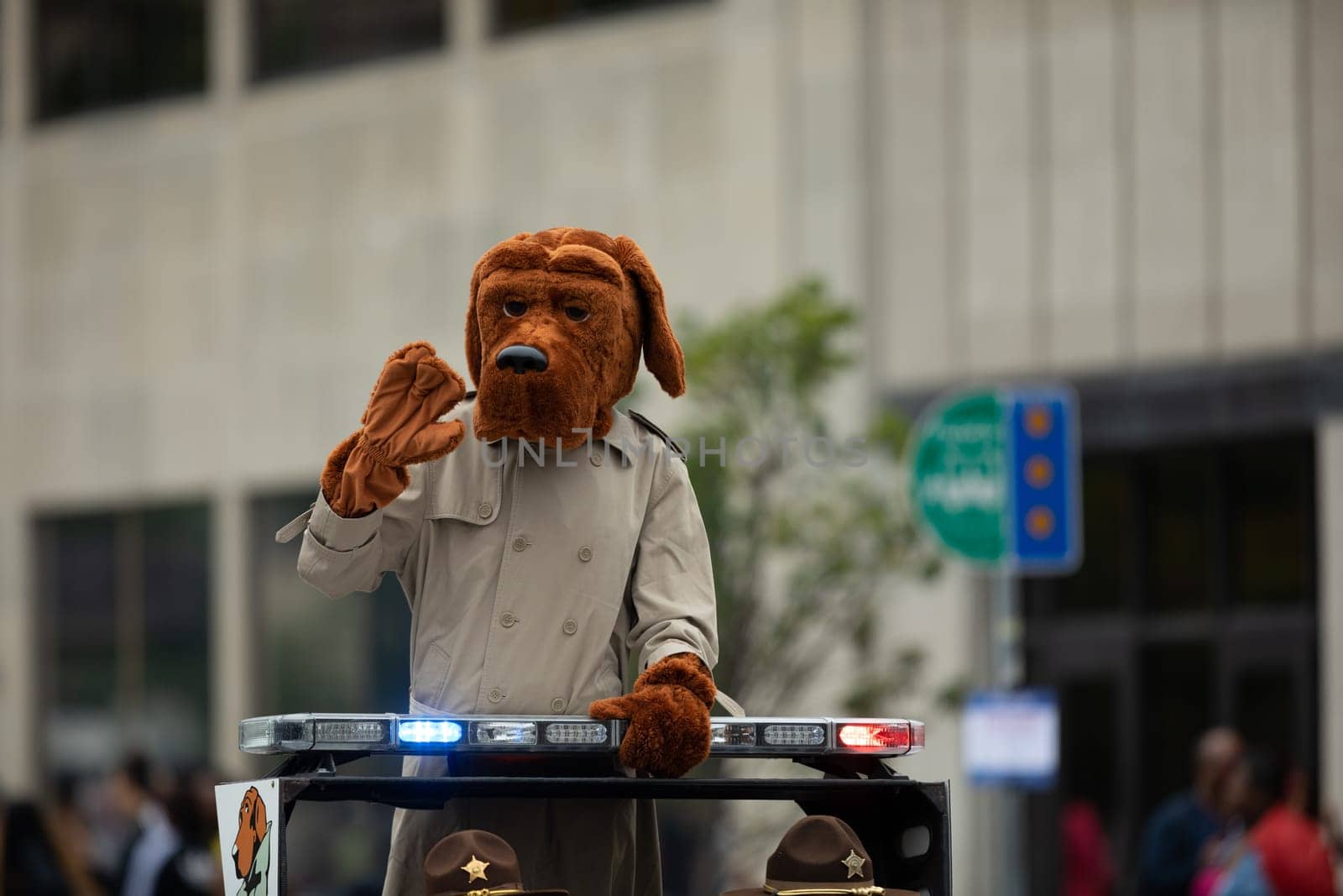 Indianapolis, Indiana, USA - September 22, 2018: The Circle City Classic Parade, Man dress up as McGruff the Crime Dog going down the street during the parade