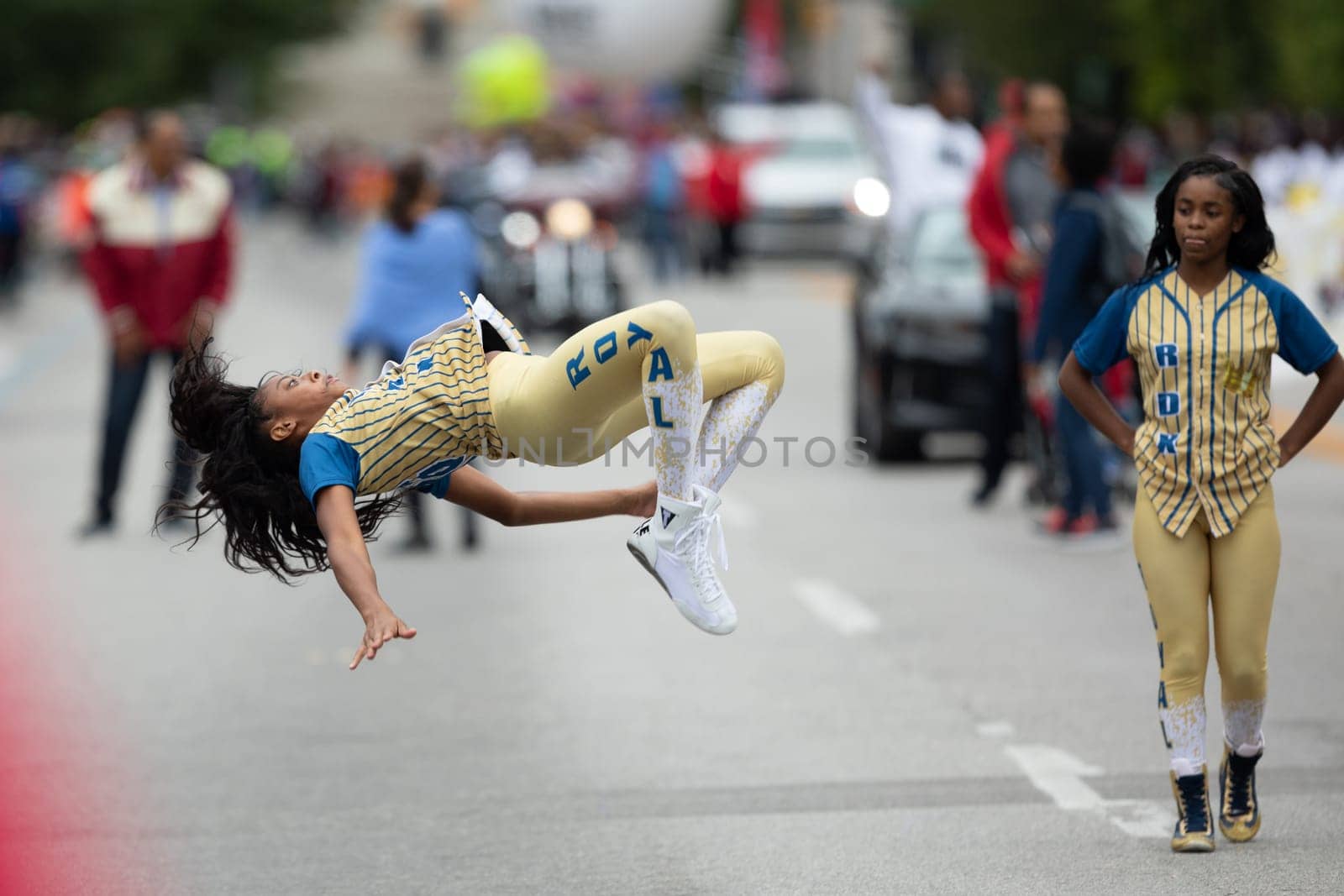 Indianapolis, Indiana, USA - September 22, 2018: The Circle City Classic Parade, Girls members of Royal Dystruxion Dance Team, dancing during the parade
