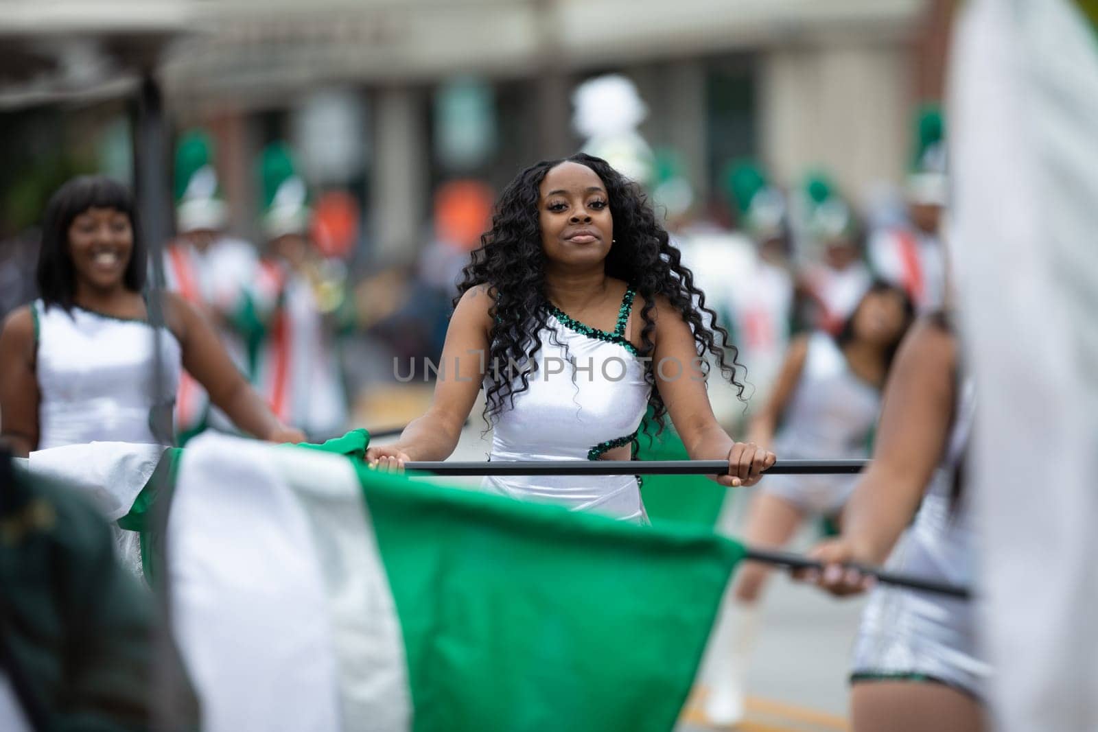 Indianapolis, Indiana, USA - September 22, 2018: The Circle City Classic Parade, Members of the Morgan Park High School Marching band from Chicago Illinois Home of the Mustangs