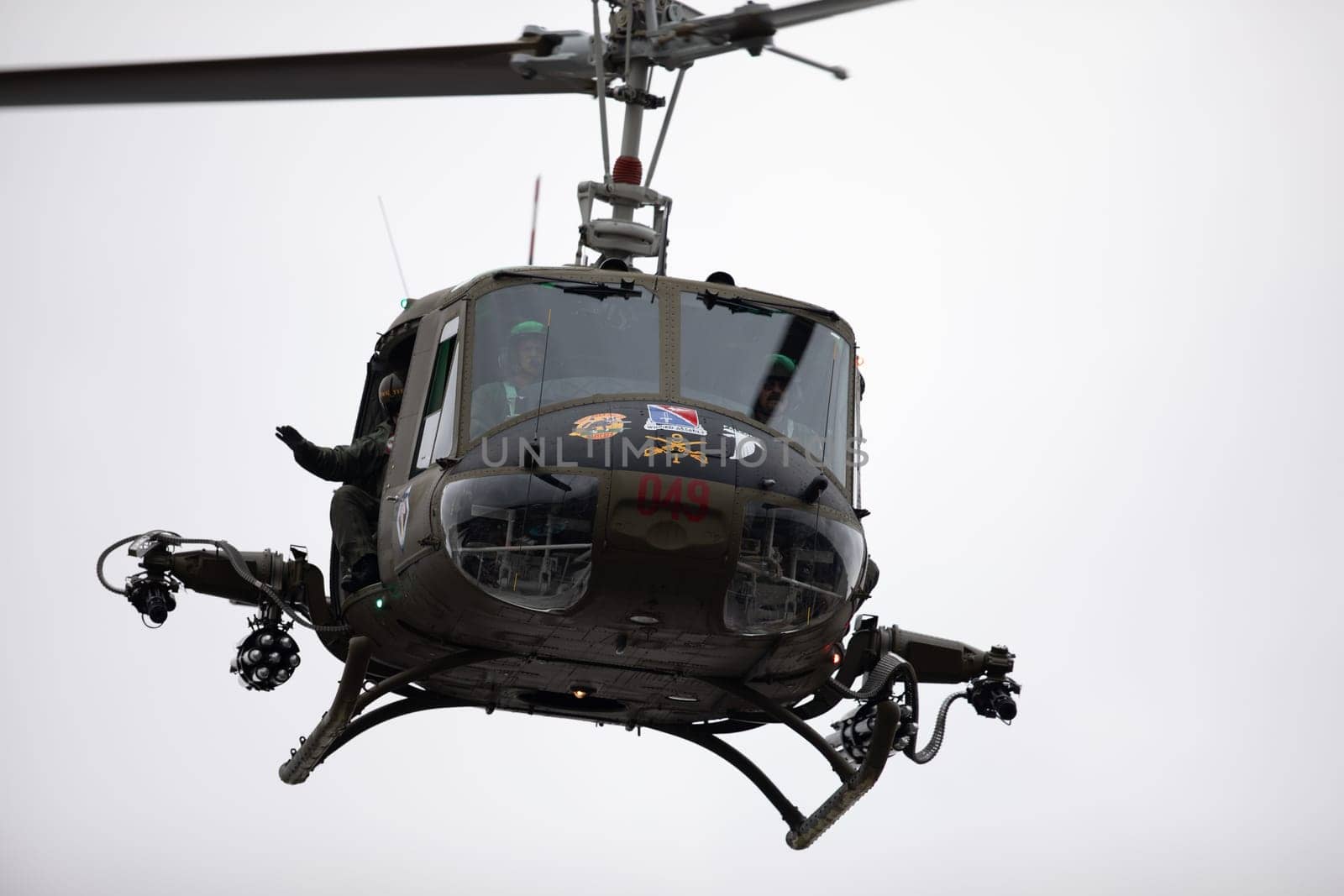 Peru, Indiana, USA - July 21, 2018 Military Helicopter makes a fly by at the Circus City Festival Parade