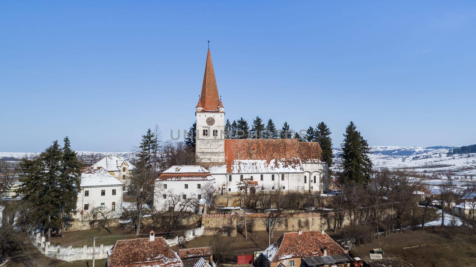 aerial view of Cincu medieval church. Brasov county. Transylvania, Romania