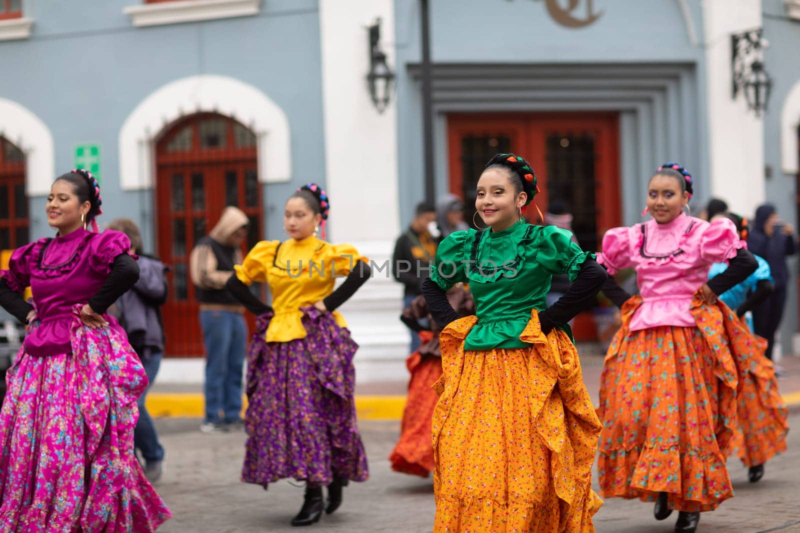Matamoros, Tamaulipas, Mexico - November 20, 2018: The November 20 Parade, Young women wearing traditional Mexican clothing dancing
