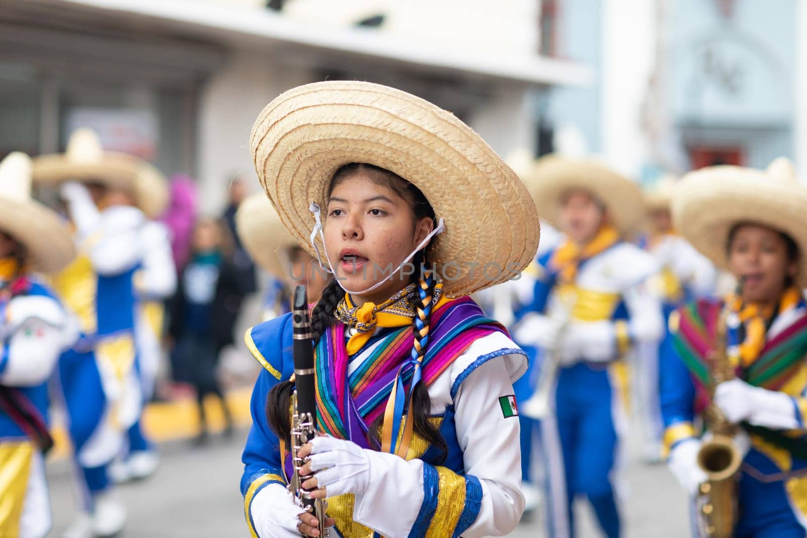 Matamoros, Tamaulipas, Mexico - November 20, 2018: The November 20 Parade, Marching Band performing at the parade while wearing sombreros