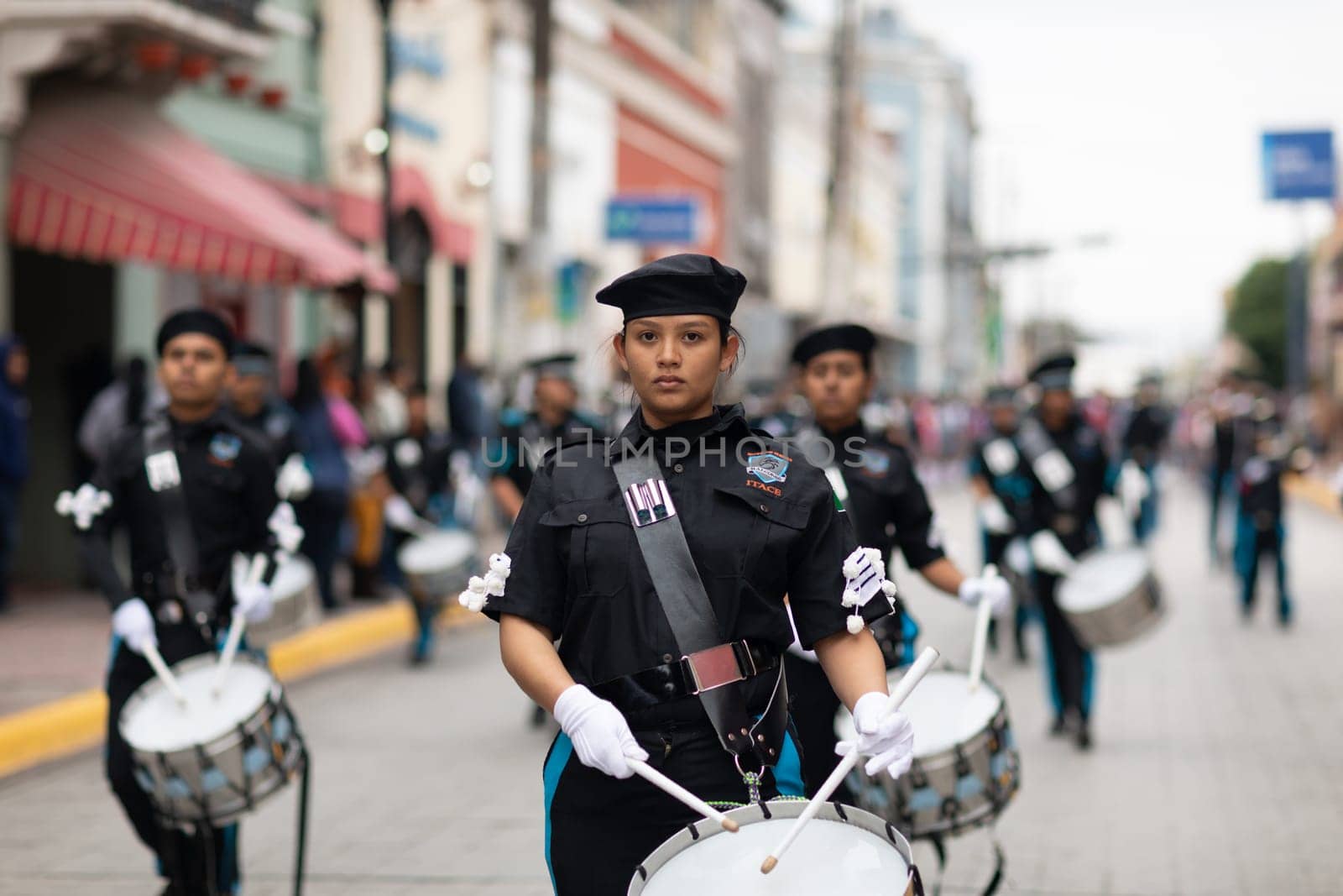 Matamoros, Tamaulipas, Mexico - November 20, 2018: The November 20 Parade, Marching Band with military Style uniform performing at the parade