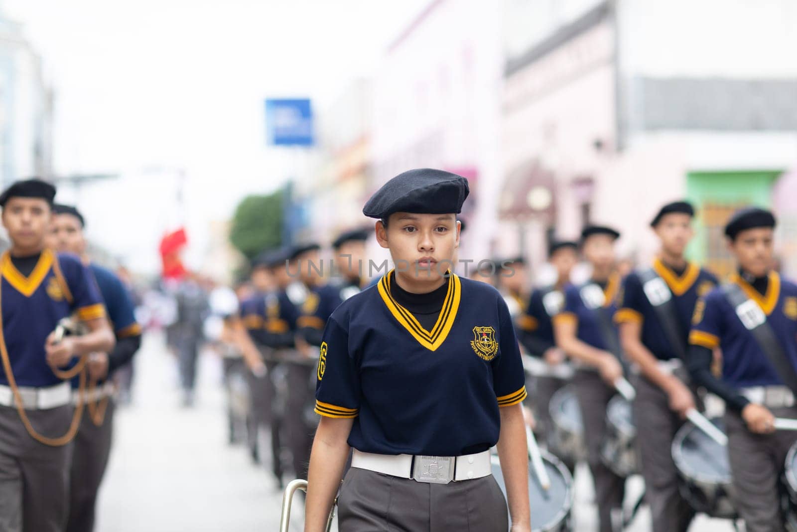 Matamoros, Tamaulipas, Mexico - November 20, 2018: The November 20 Parade, Marching Band with military Style uniform performing at the parade