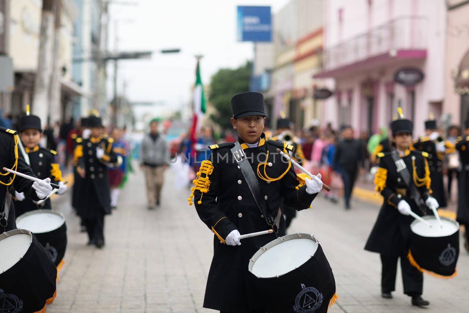 Matamoros, Tamaulipas, Mexico - November 20, 2018: The November 20 Parade, Marching Band with military Style uniform performing at the parade
