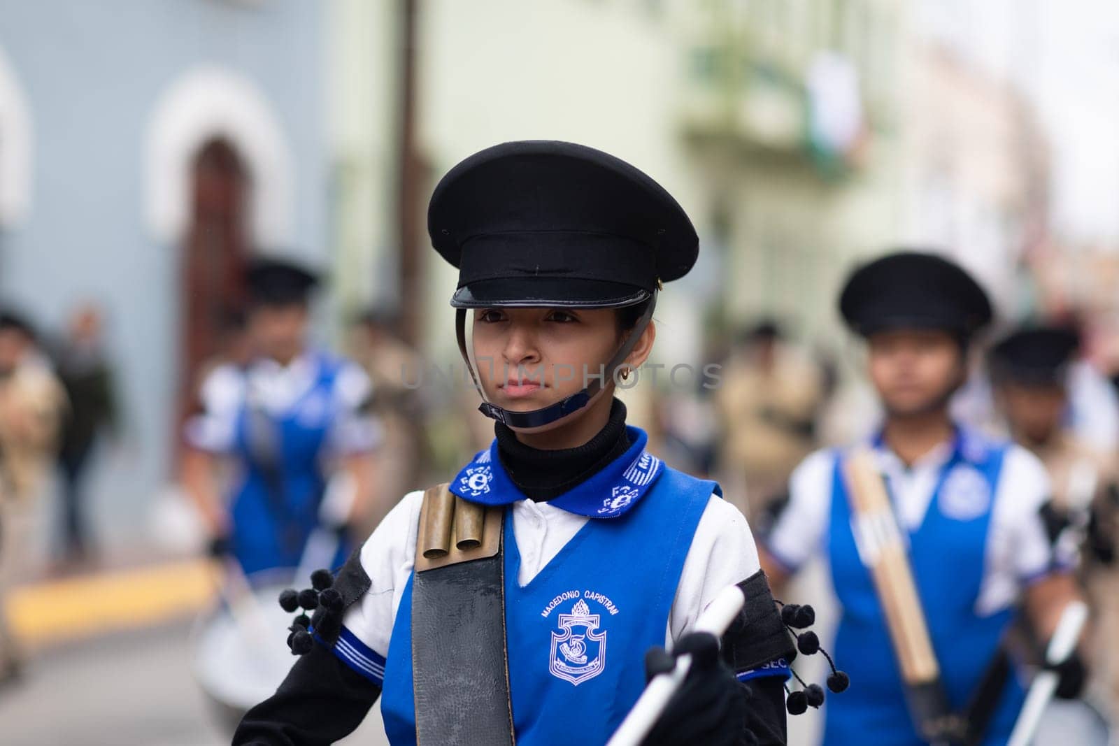 Matamoros, Tamaulipas, Mexico - November 20, 2018: The November 20 Parade, Marching Band with military Style uniform performing at the parade