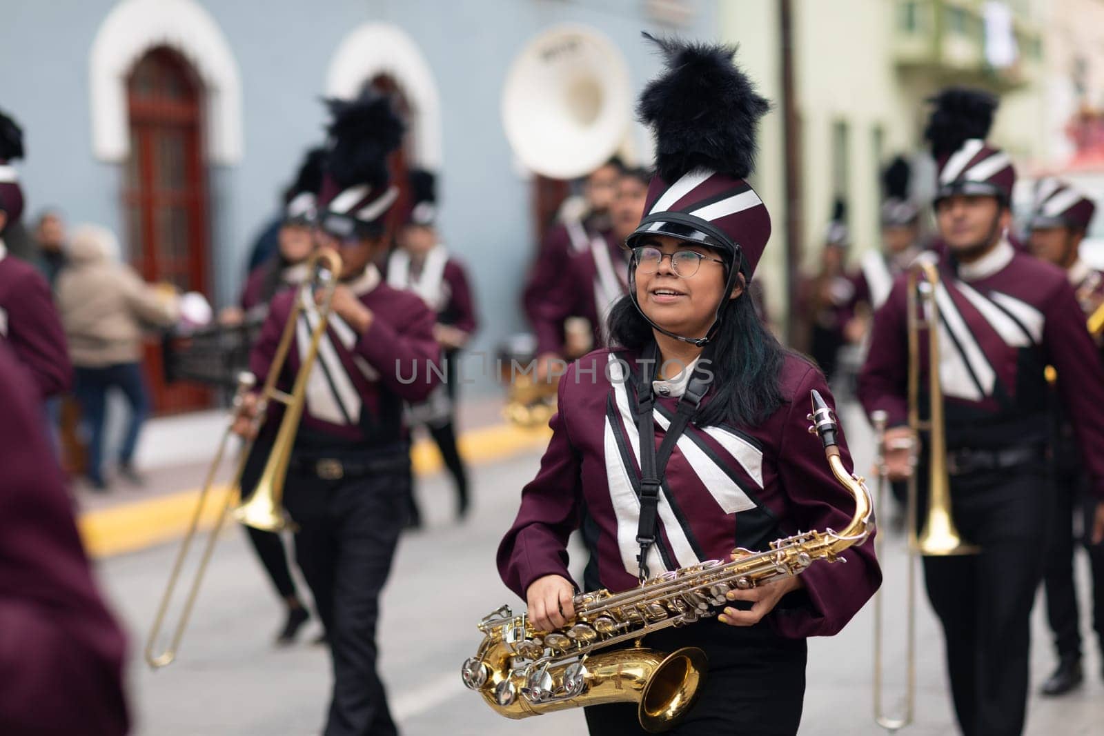 Matamoros, Tamaulipas, Mexico - November 20, 2018: The November 20 Parade, Marching Band performing at the parade