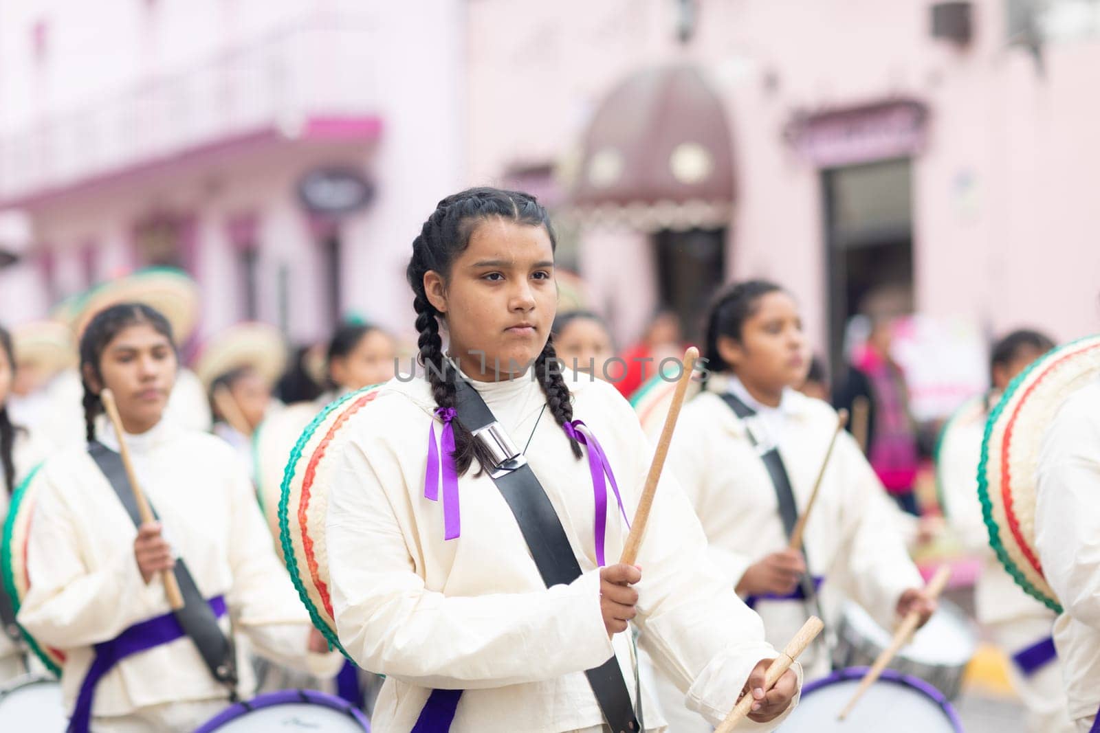 Matamoros, Tamaulipas, Mexico - November 20, 2018: The November 20 Parade, Marching Band performing at the parade while wearing sombreros and traditional clothing