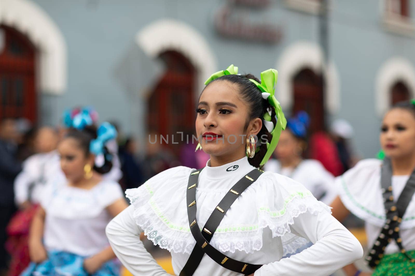 Matamoros, Tamaulipas, Mexico - November 20, 2018: The November 20 Parade, Young women wearing traditional Mexican clothing dancing
