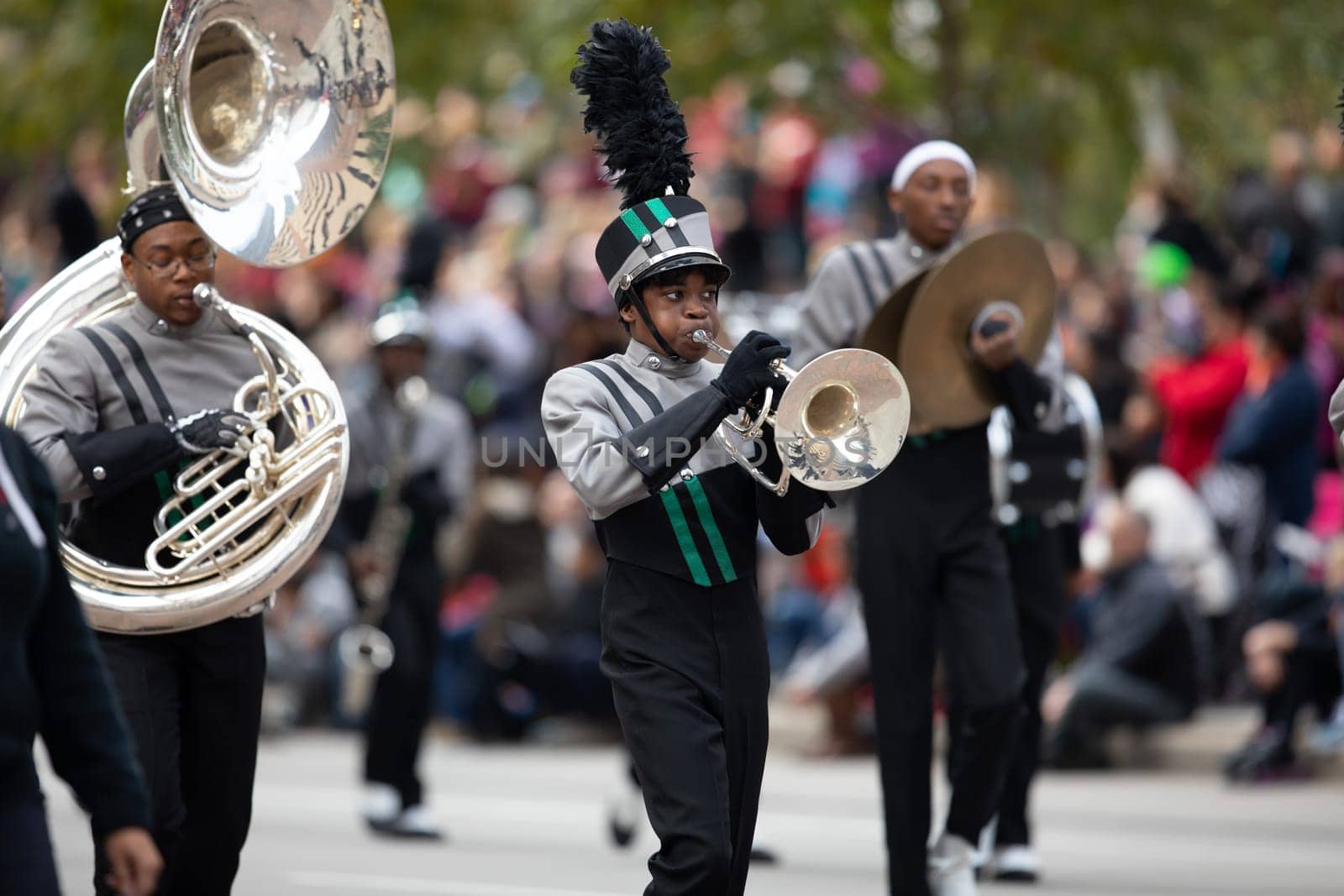 Houston, Texas, USA - November 22, 2018 The H-E-B Thanksgiving Day Parade, Members of the Hightower High School Marching Hurricanes Band, performing at the parade