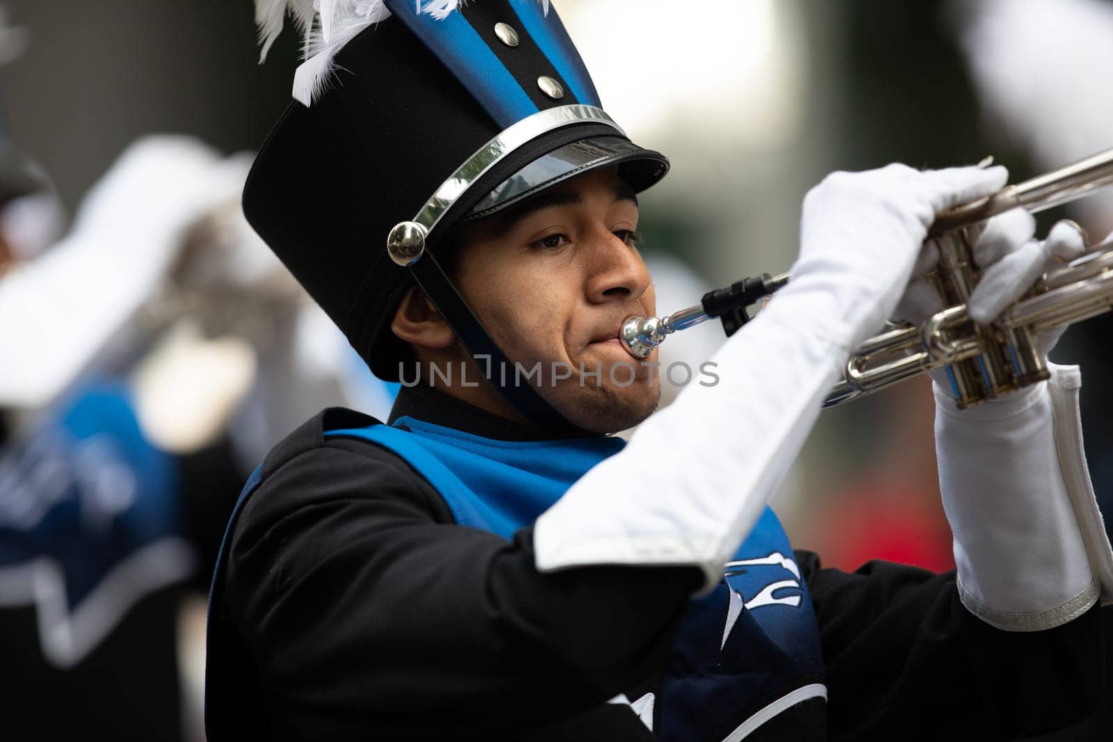 Houston, Texas, USA - November 22, 2018 The H-E-B Thanksgiving Day Parade, Members of the Aldine Mighty Mustang Marching Band, performing at the parade