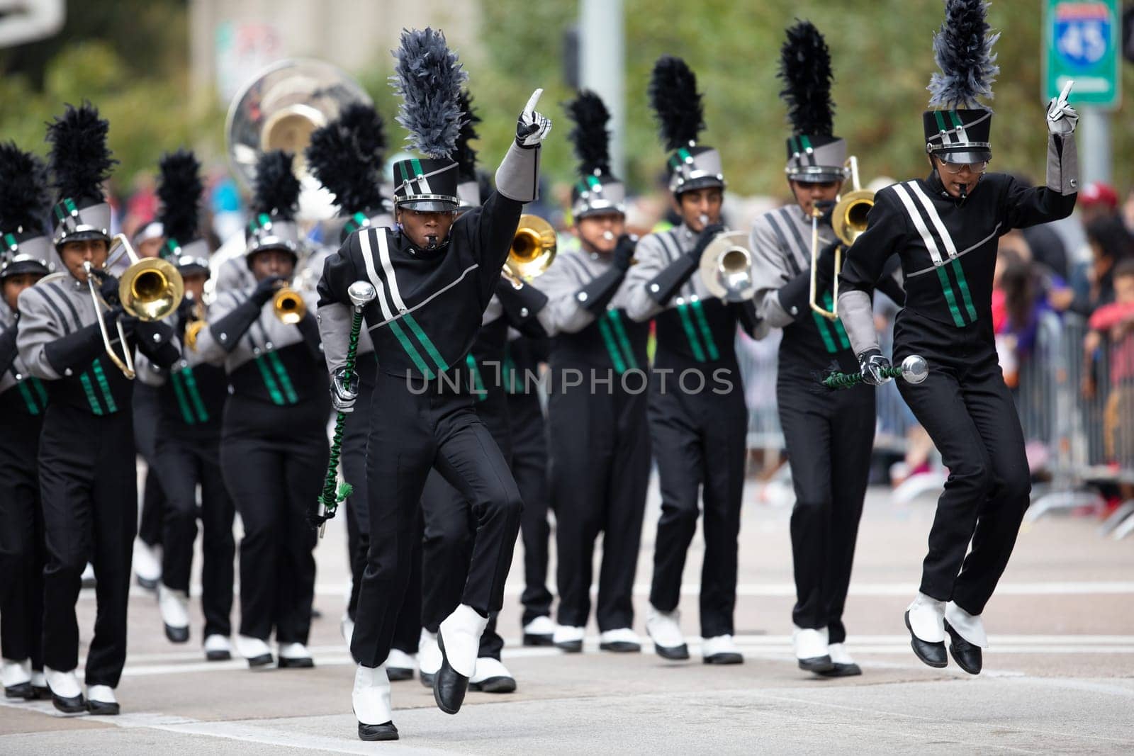 Houston, Texas, USA - November 22, 2018 The H-E-B Thanksgiving Day Parade, Members of the Hightower High School Marching Hurricanes Band, performing at the parade