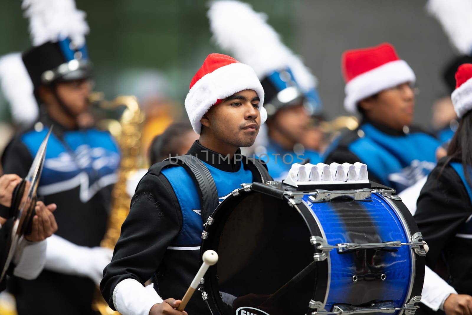 Houston, Texas, USA - November 22, 2018 The H-E-B Thanksgiving Day Parade, Members of the Aldine Mighty Mustang Marching Band, performing at the parade