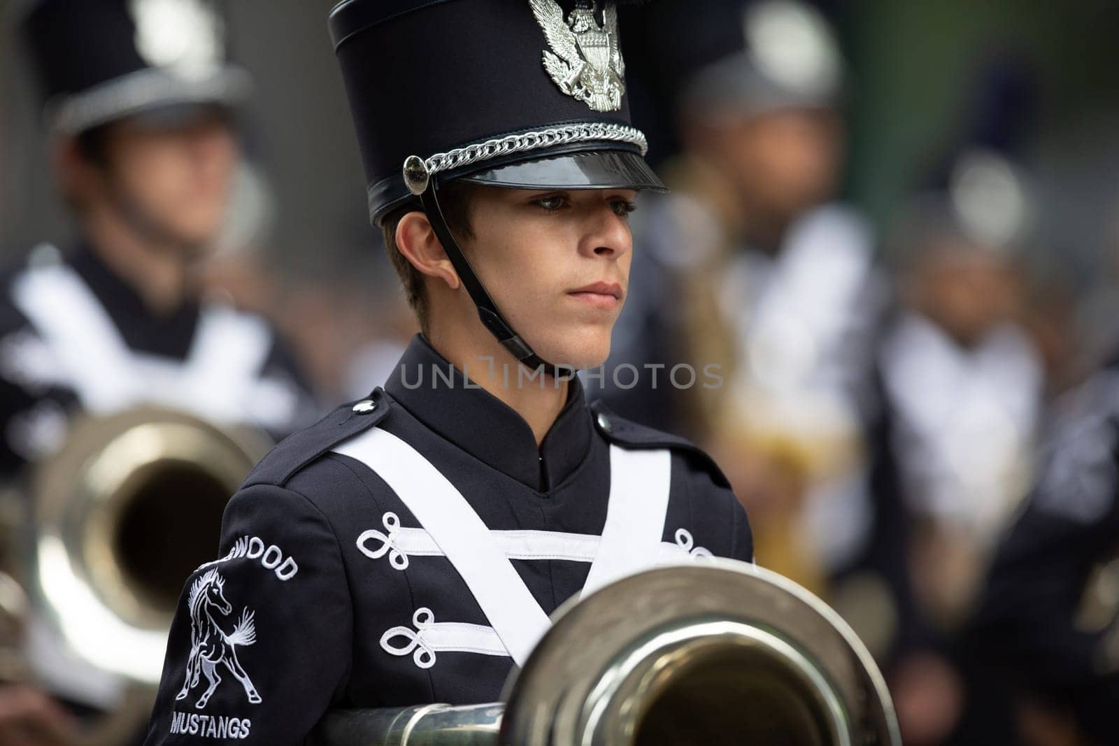 Houston, Texas, USA - November 22, 2018 The H-E-B Thanksgiving Day Parade, The Kingwood Mighty Mustang Marching Band performing at the parade