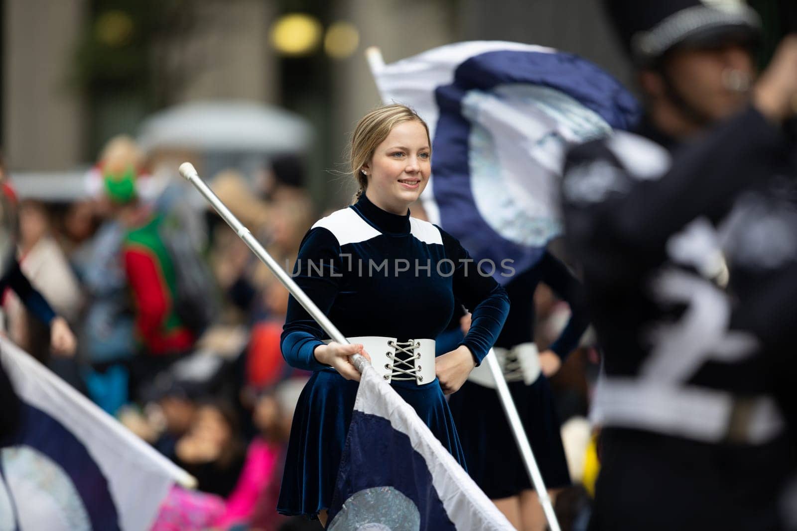 Houston, Texas, USA - November 22, 2018 The H-E-B Thanksgiving Day Parade, The Kingwood Mighty Mustang Marching Band performing at the parade