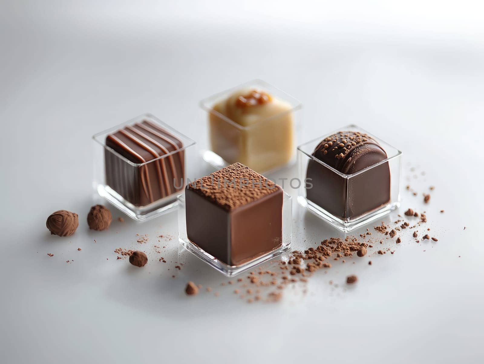 Four luxurious chocolates showcased in clear glass containers on a smooth surface, each chocolate boasting unique designs and textures, perfect for dessert lovers.