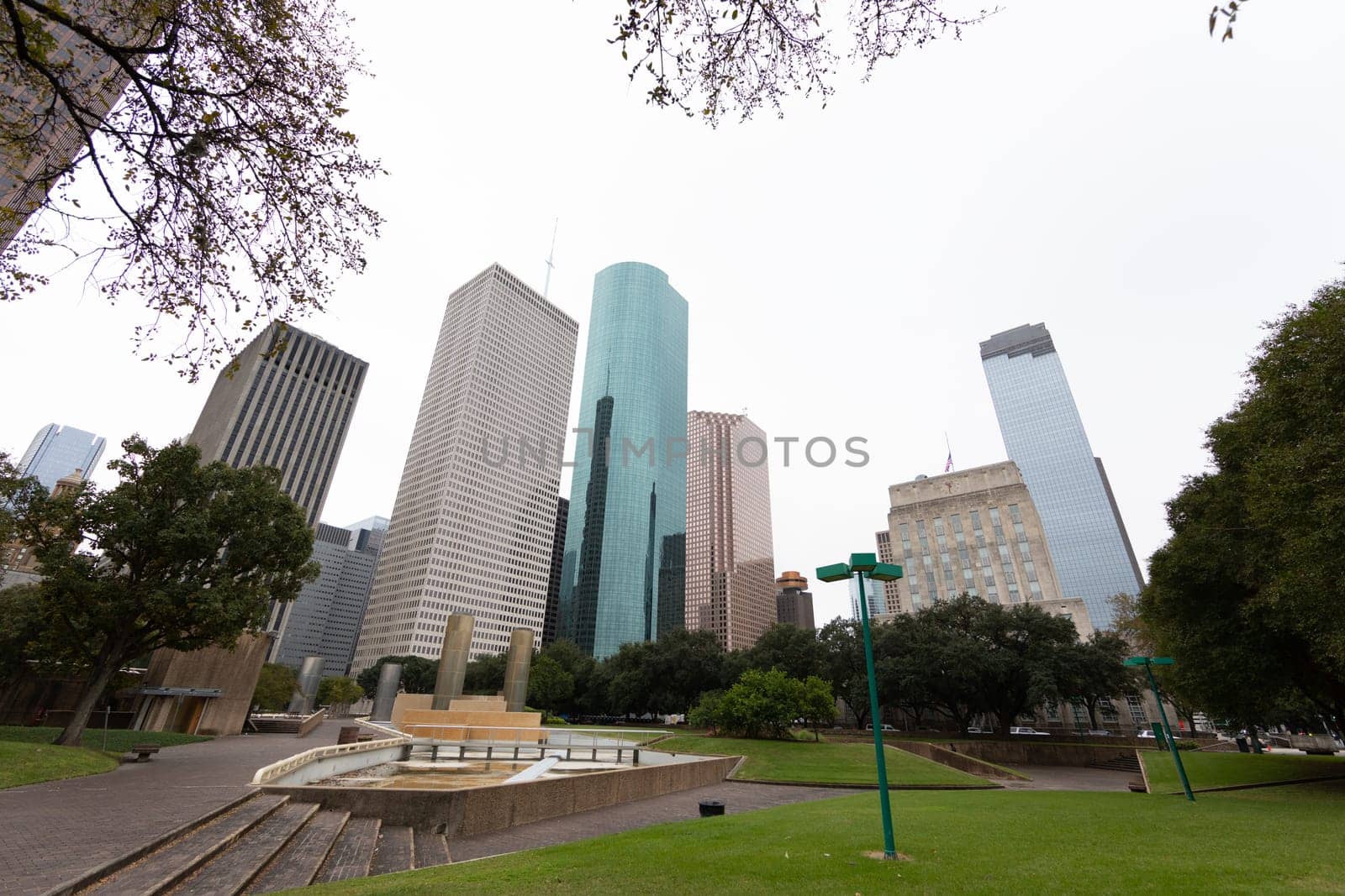Houston Skyline as seen from Tranquillity Park with wide-angle lens