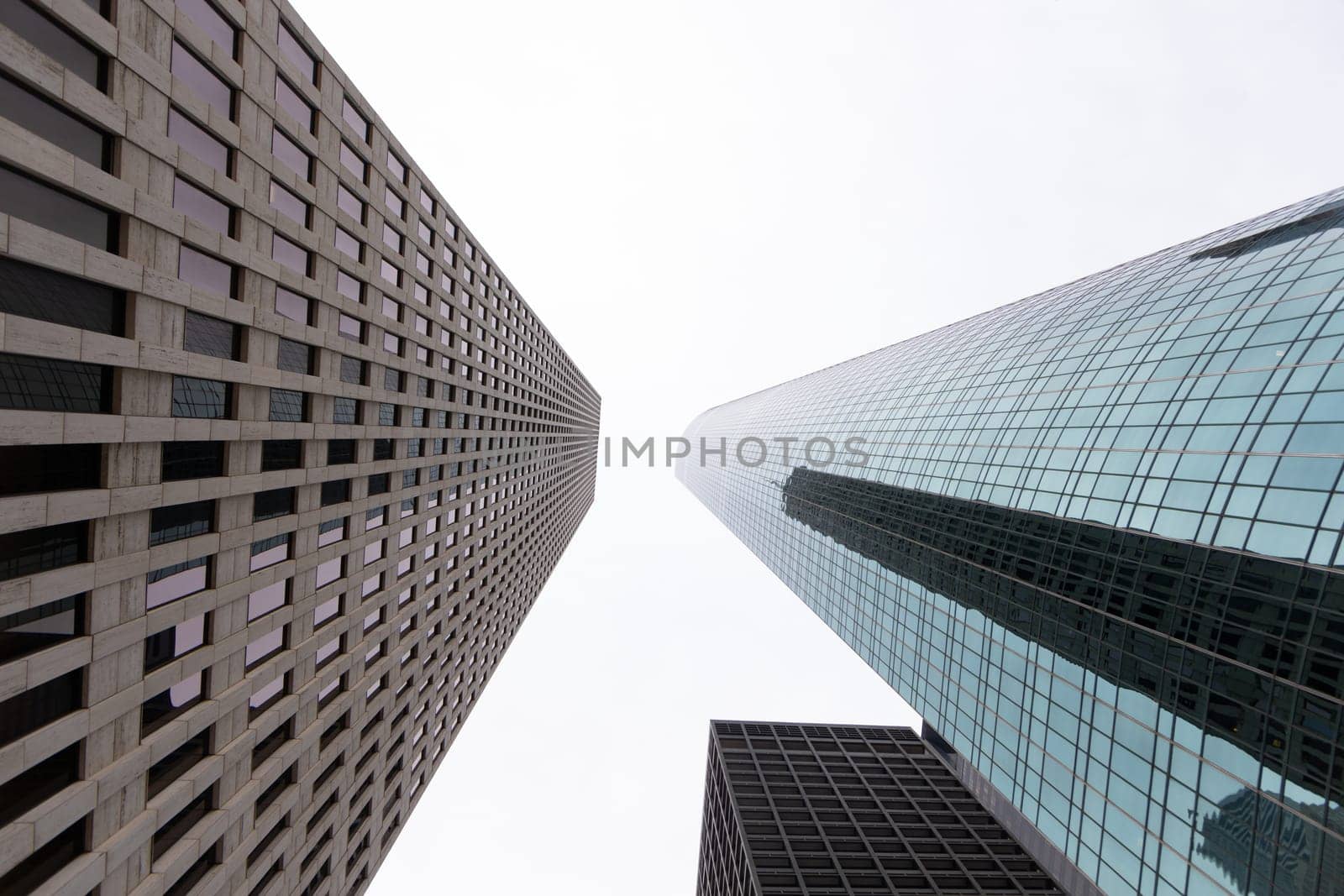 Houston Skyscrapers as seen from the sidewalk with a wide-angle lens