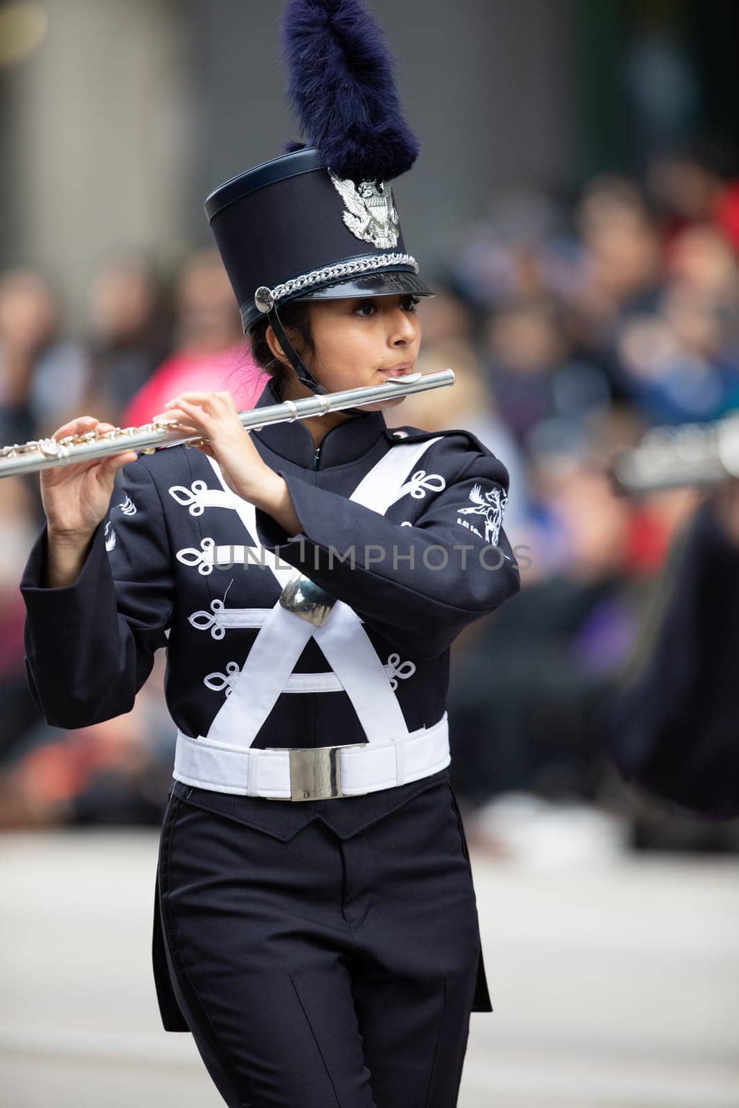 Houston, Texas, USA - November 22, 2018 The H-E-B Thanksgiving Day Parade, The Kingwood Mighty Mustang Marching Band performing at the parade
