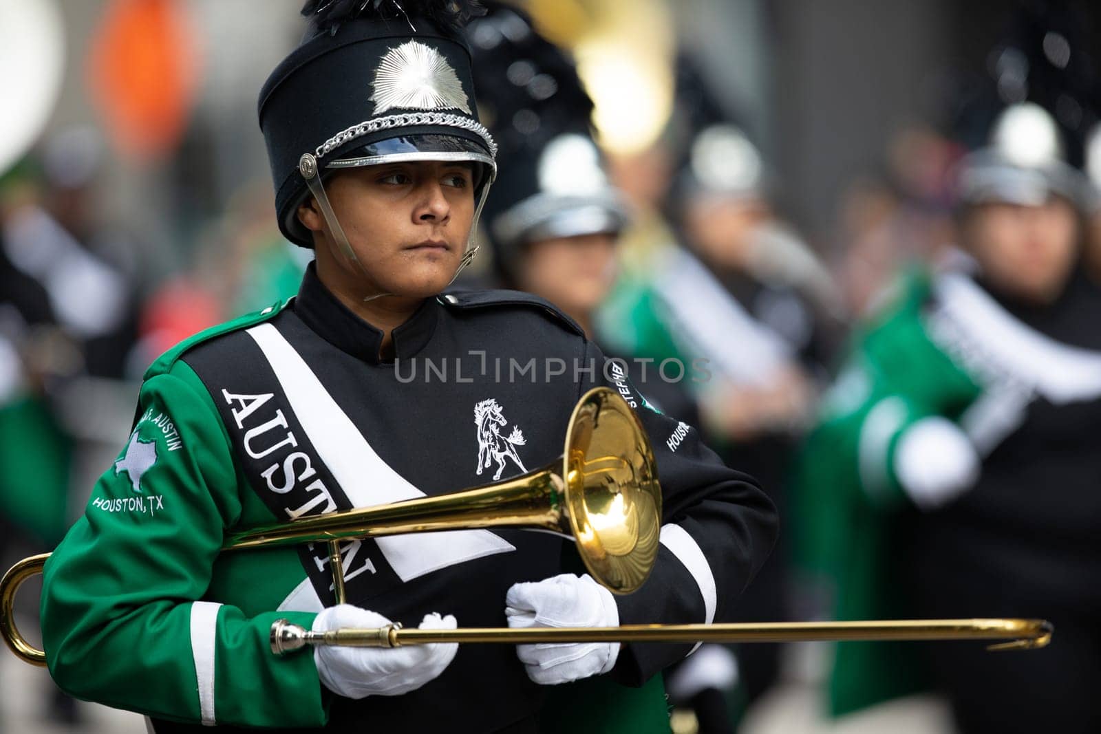 Houston, Texas, USA - November 22, 2018 The H-E-B Thanksgiving Day Parade, Members of the Stephen F. Austin High School marching band performing at the parade