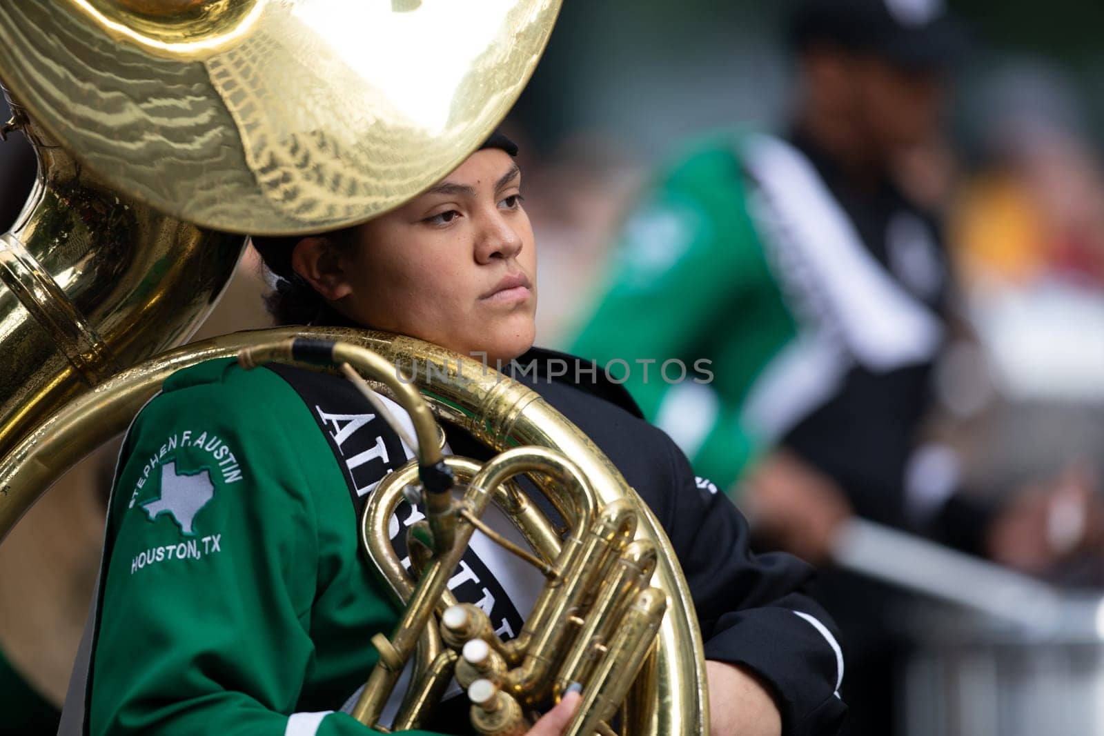 Houston, Texas, USA - November 22, 2018 The H-E-B Thanksgiving Day Parade, Members of the Stephen F. Austin High School marching band performing at the parade