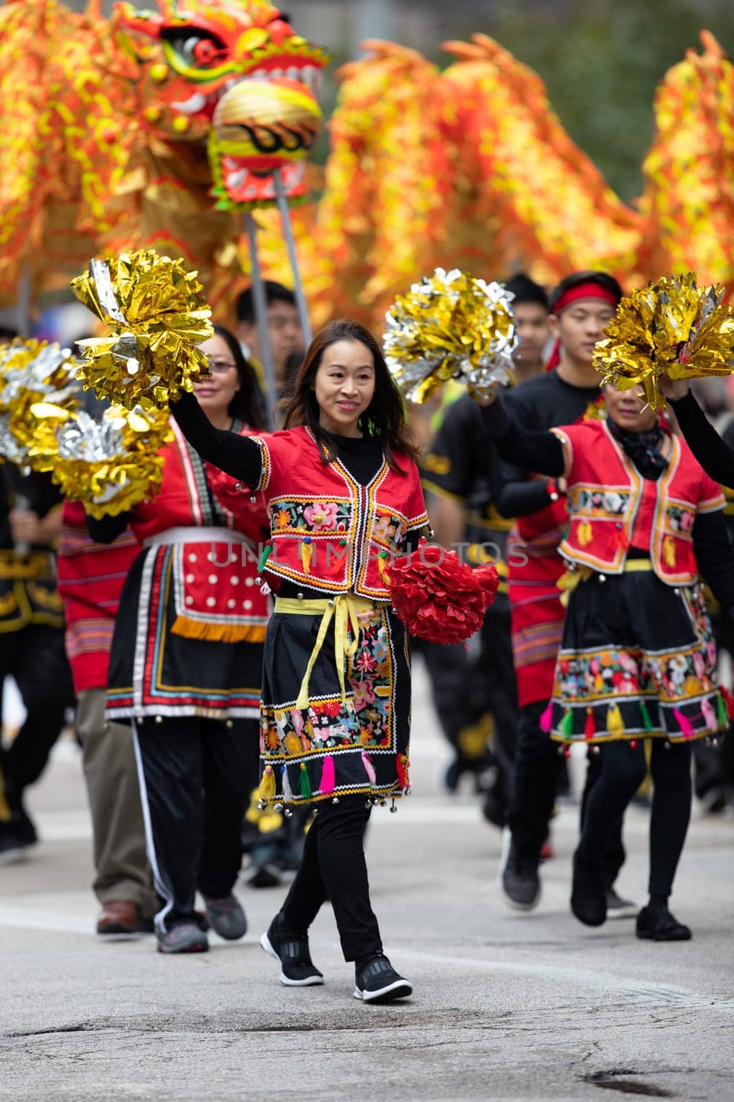 Houston, Texas, USA - November 22, 2018 The H-E-B Thanksgiving Day Parade, People from Taiwan perform  the dragon dance from China at the parade