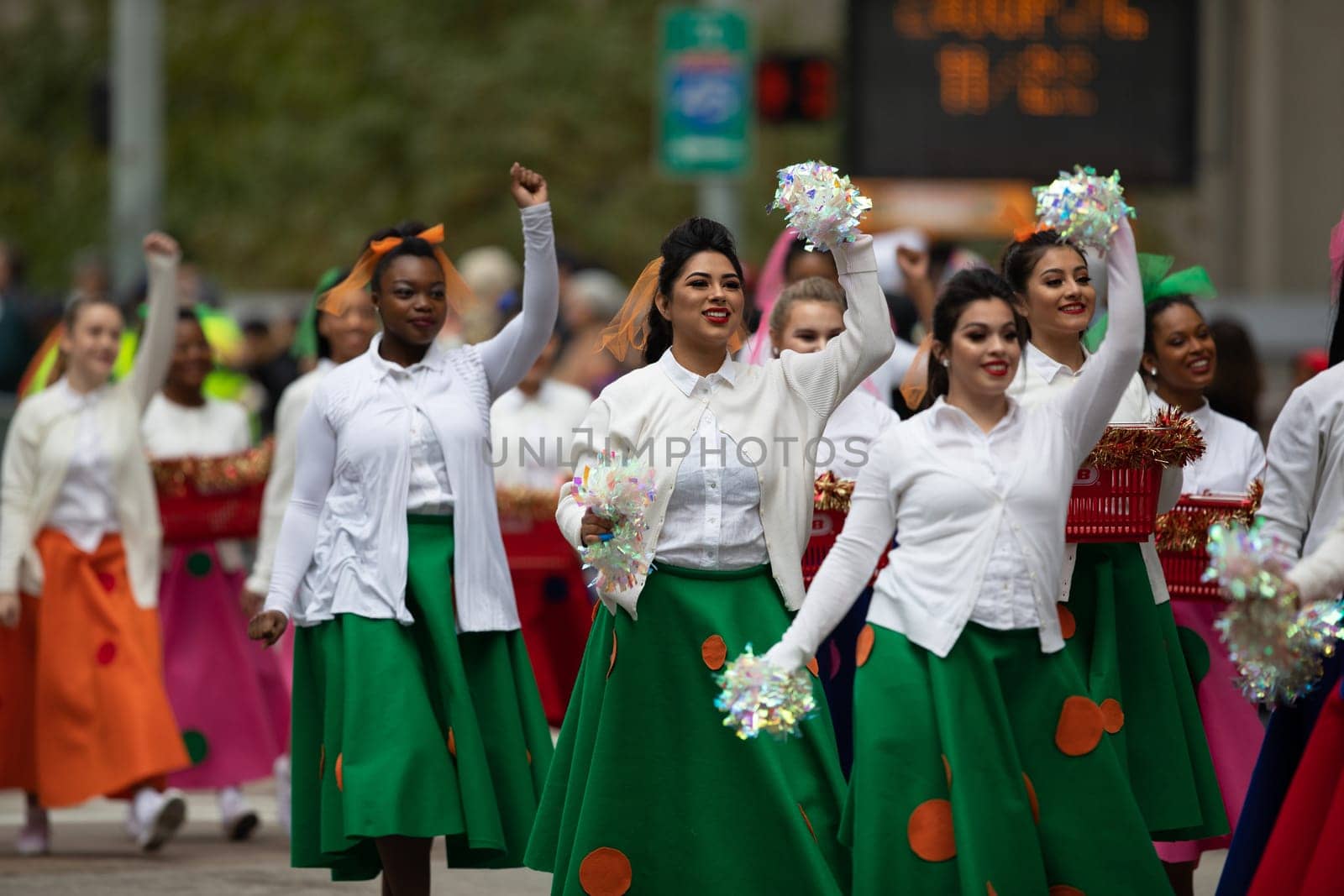 Houston, Texas, USA - November 22, 2018 The H-E-B Thanksgiving Day Parade, Members of the Spring High School Starlettes dance group performing at the parade