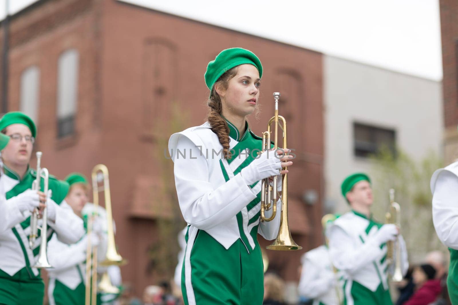 Holland, Michigan, USA - May 12, 2018 Members of the Illiana Christian H.S. from Lansing, Illinois perform at the Muziek Parade, during the Tulip Time Festival