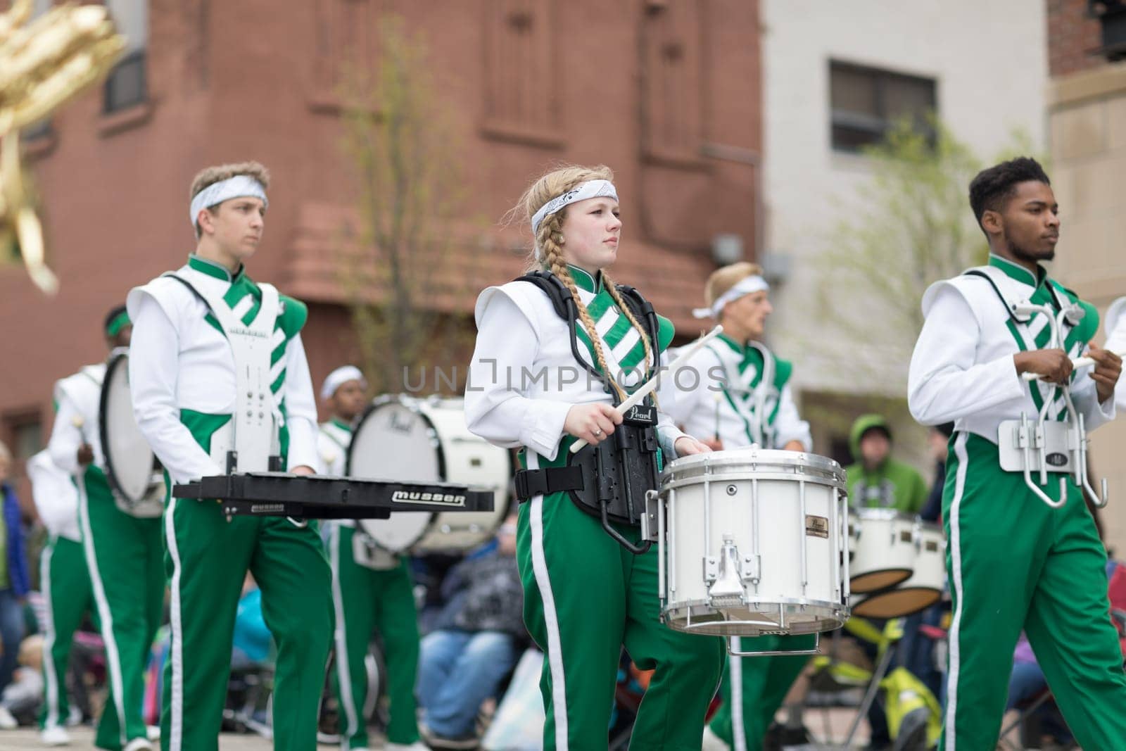 Holland, Michigan, USA - May 12, 2018 Members of the Illiana Christian H.S. from Lansing, Illinois perform at the Muziek Parade, during the Tulip Time Festival