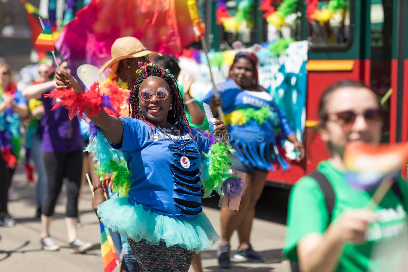 Chicago, Illinois, USA - June 24, 2018: the LGBTQ Pride Parade, People wearing colorfull outfits, celebrating on the streets of Chicago