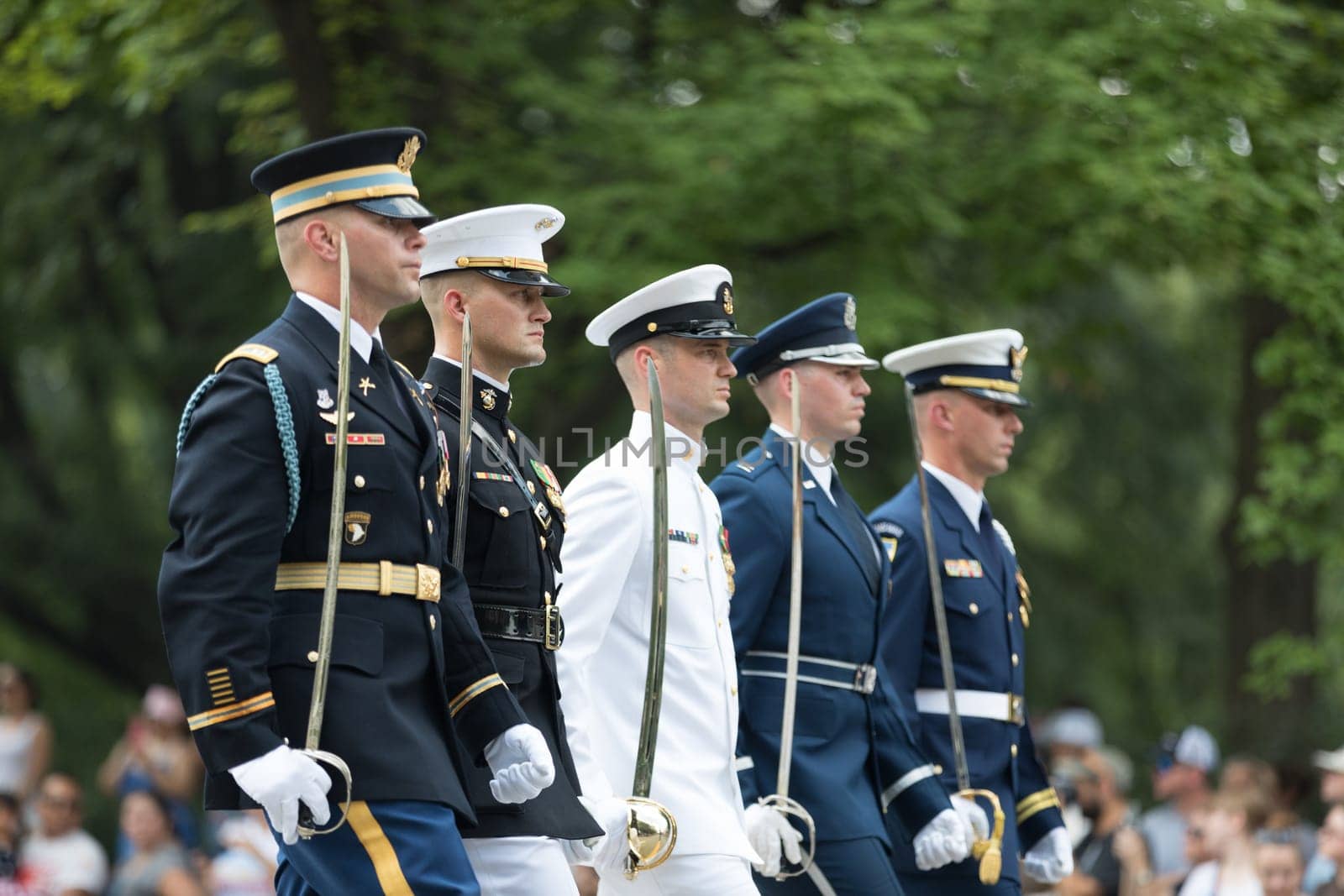 Washington, D.C., USA - July 4, 2018, Members of the United states military march with swords at the National Independence Day Parade