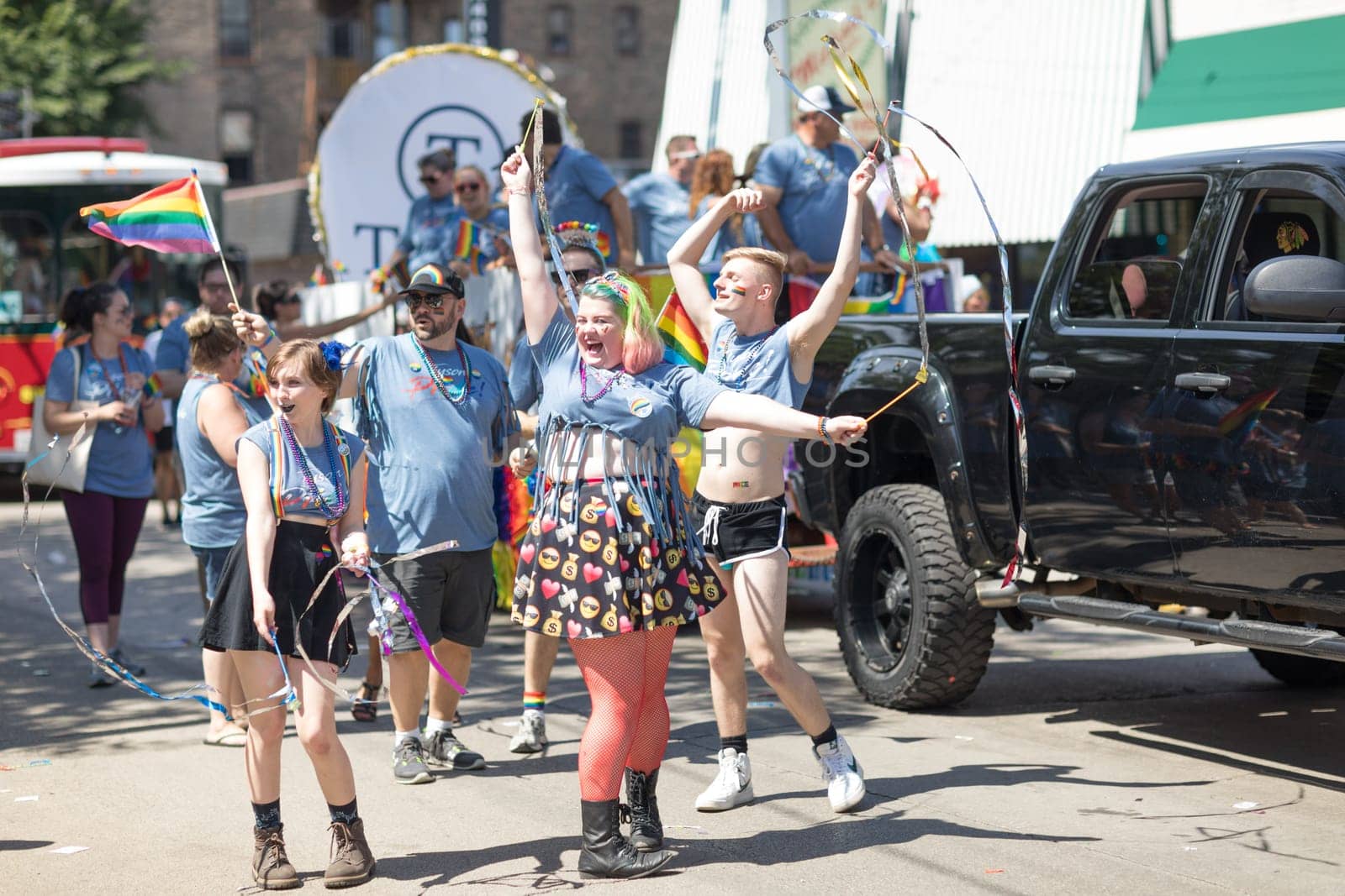 Chicago, Illinois, USA - June 24, 2018: the LGBTQ Pride Parade, People wearing colorfull outfits, celebrating on the streets of Chicago