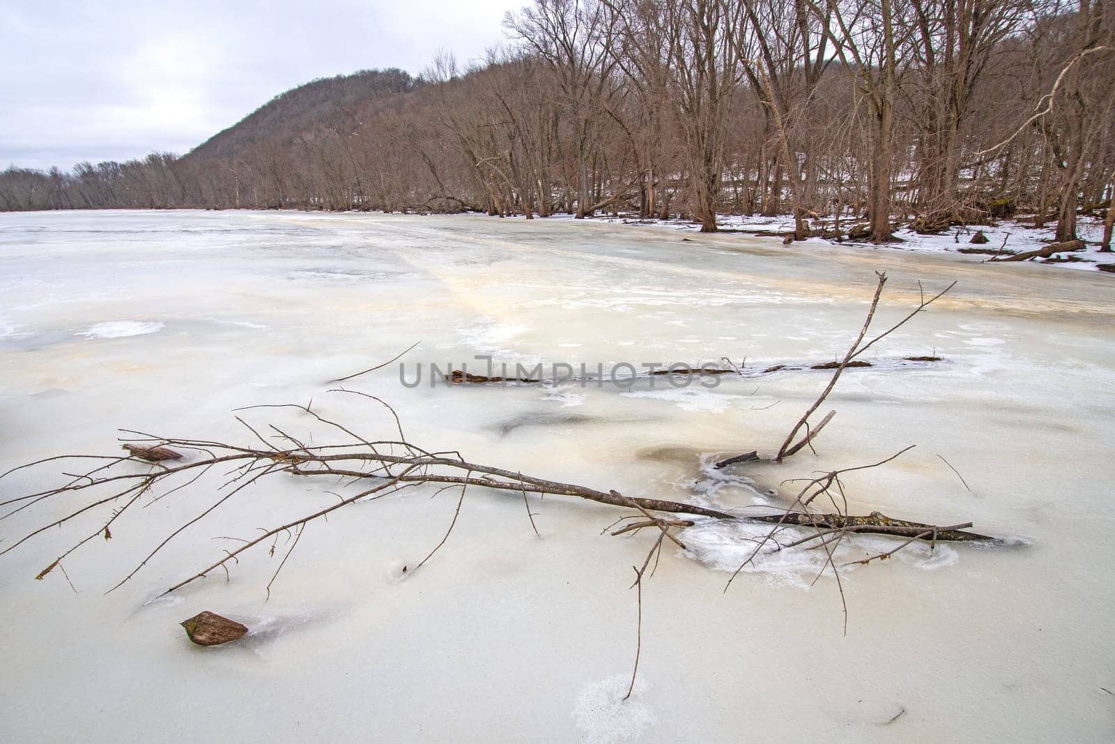 Frozen Water in a River Bayou on the Mississippi River in Wyalusing State Park in Wisconsin