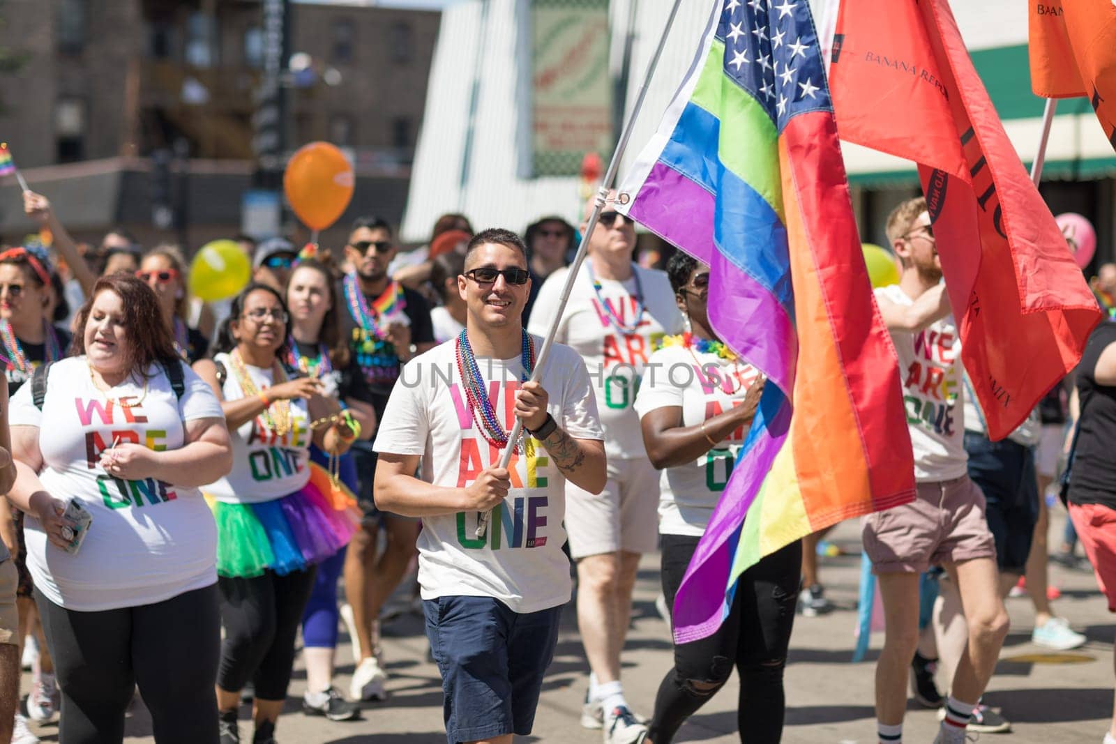 Chicago, Illinois, USA - June 24, 2018: the LGBTQ Pride Parade, People wearing colorfull outfits, celebrating on the streets of Chicago