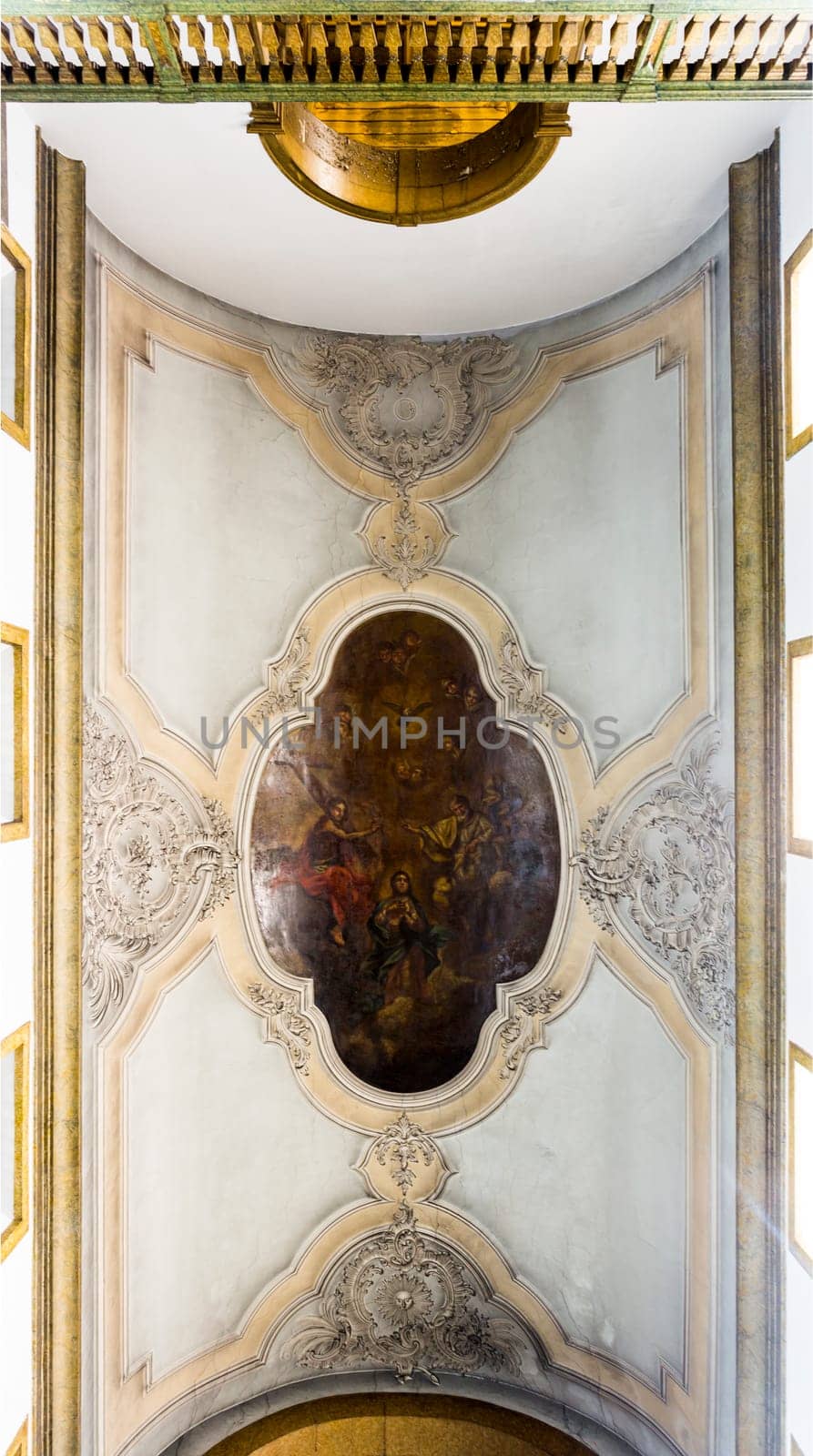 Painted ceiling of the main nave of the Church of the Flamengas at the Convent of Our Lady of Quietude, in Alcantara, Lisbon, Portugal