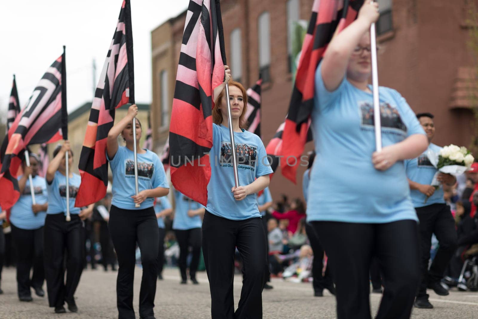 Holland, Michigan, USA - May 12, 2018 Members of the West Ottawa High School Marching Band, Holland MI, perform at the Muziek Parade, during the Tulip Time Festival