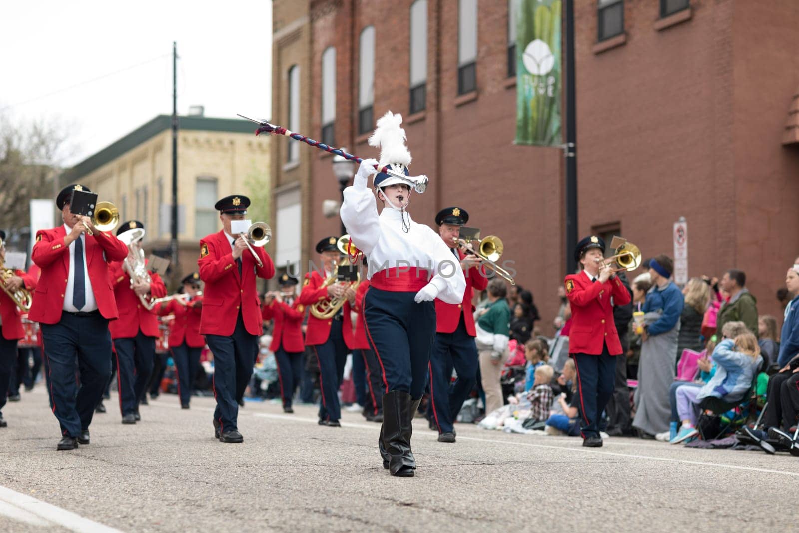 Holland, Michigan, USA - May 12, 2018 Members of the Holland American Legion Band, Established - 1920 perform at the Muziek Parade, during the Tulip Time Festival