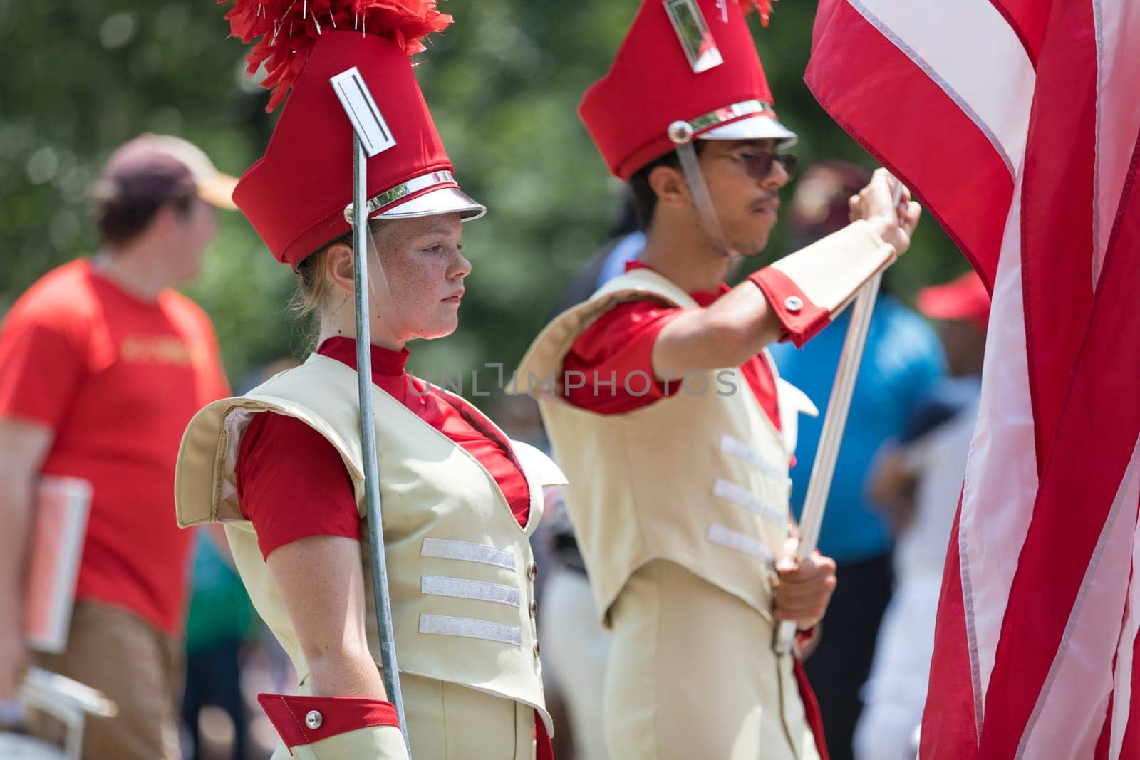 Washington, D.C., USA - July 4, 2018, The National Independence Day Parade, The Henry Sibley High School, MArching Warriors, from Mendota Heights, Minnesota