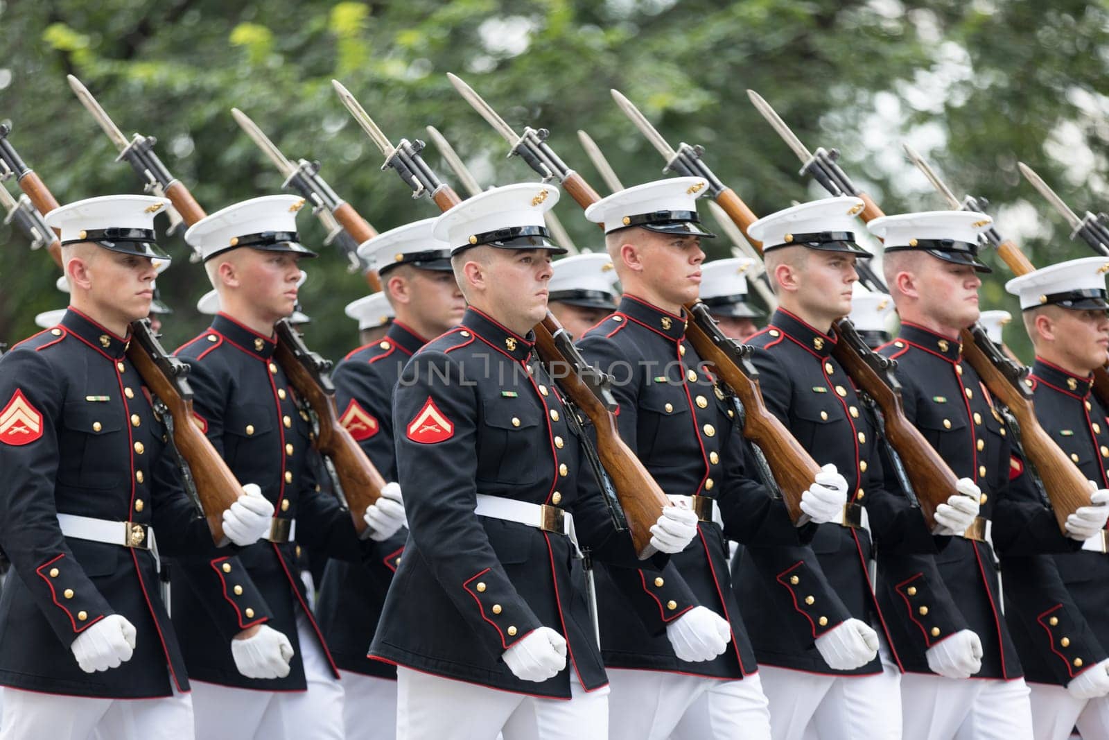 Washington, D.C., USA - July 4, 2018, Members of the US Marine Corps with rifles marching at the National Independence Day Parade