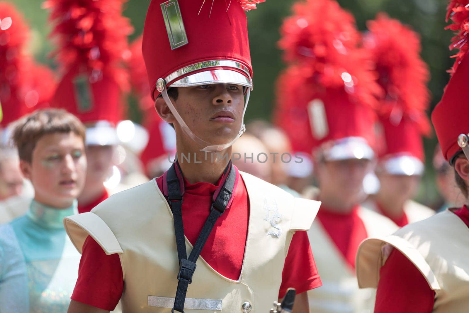 Washington, D.C., USA - July 4, 2018, The National Independence Day Parade, The Henry Sibley High School, MArching Warriors, from Mendota Heights, Minnesota