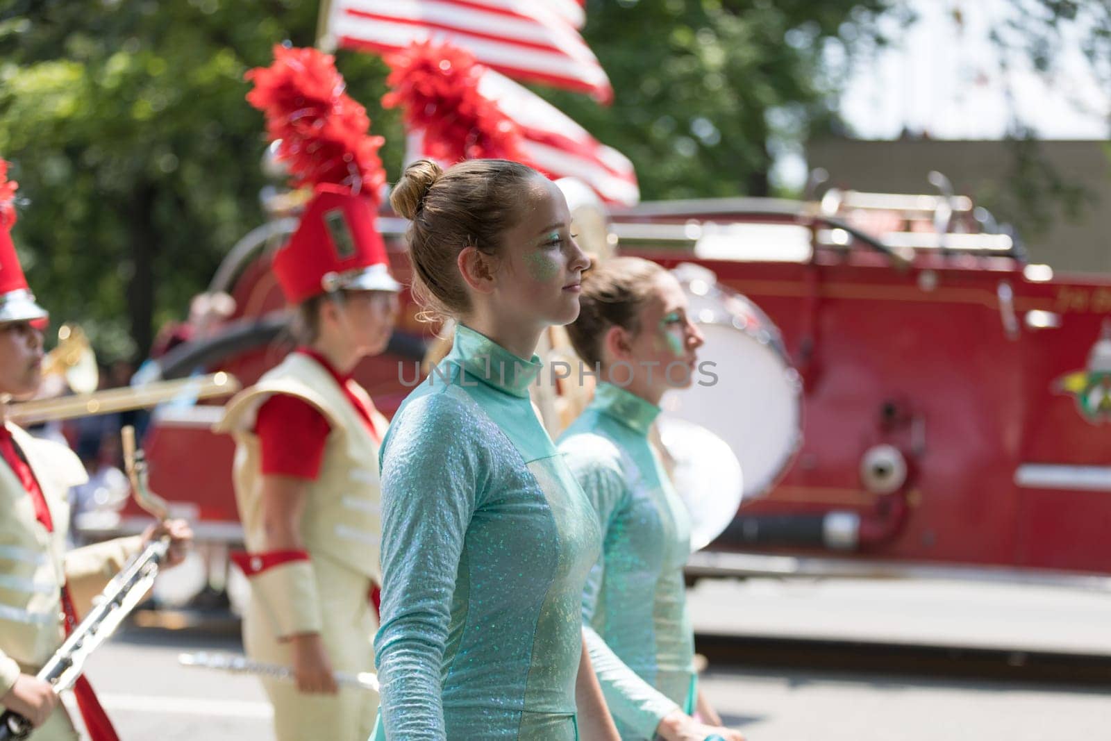 Washington, D.C., USA - July 4, 2018, The National Independence Day Parade, The Henry Sibley High School, MArching Warriors, from Mendota Heights, Minnesota