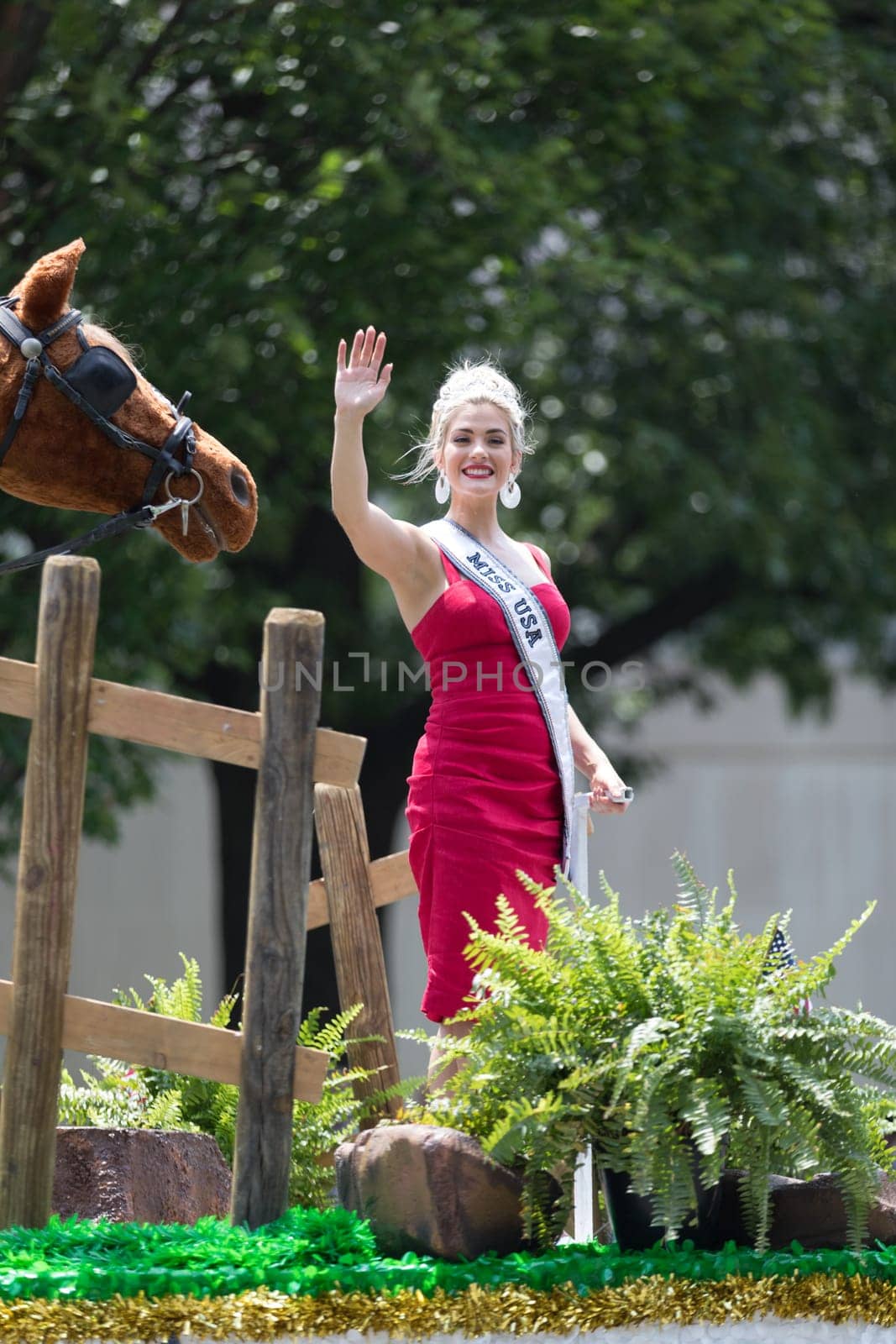 Washington, D.C., USA - July 4, 2018, The National Independence Day Parade, Miss USA on a float, going down constitution avenue, during the parade