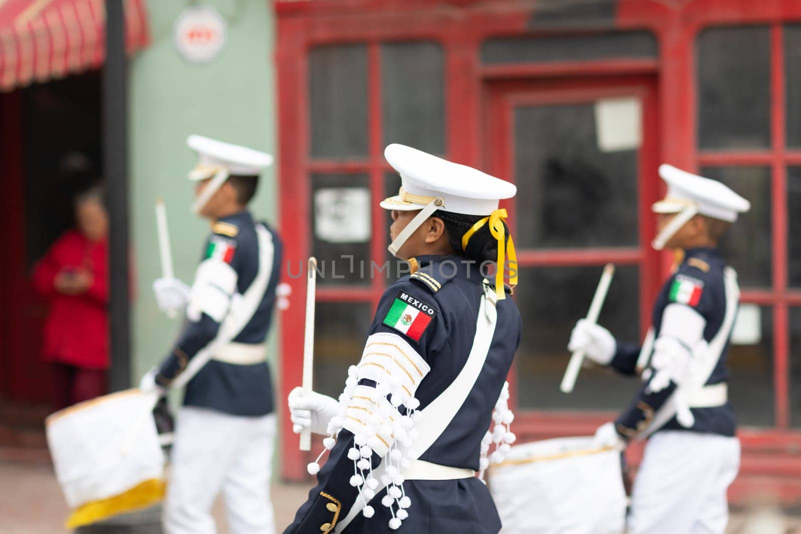 Matamoros, Tamaulipas, Mexico - November 20, 2018: The November 20 Parade, Marching Band with military Style uniform performing at the parade