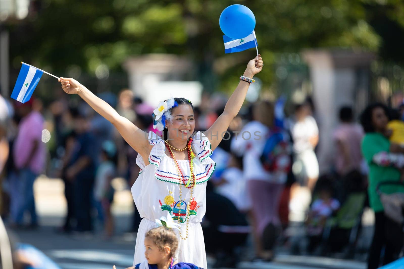 Washington, D.C., USA - September 29, 2018: The Fiesta DC Parade, Woman wearing traditional clothing from Nicaragua dancing