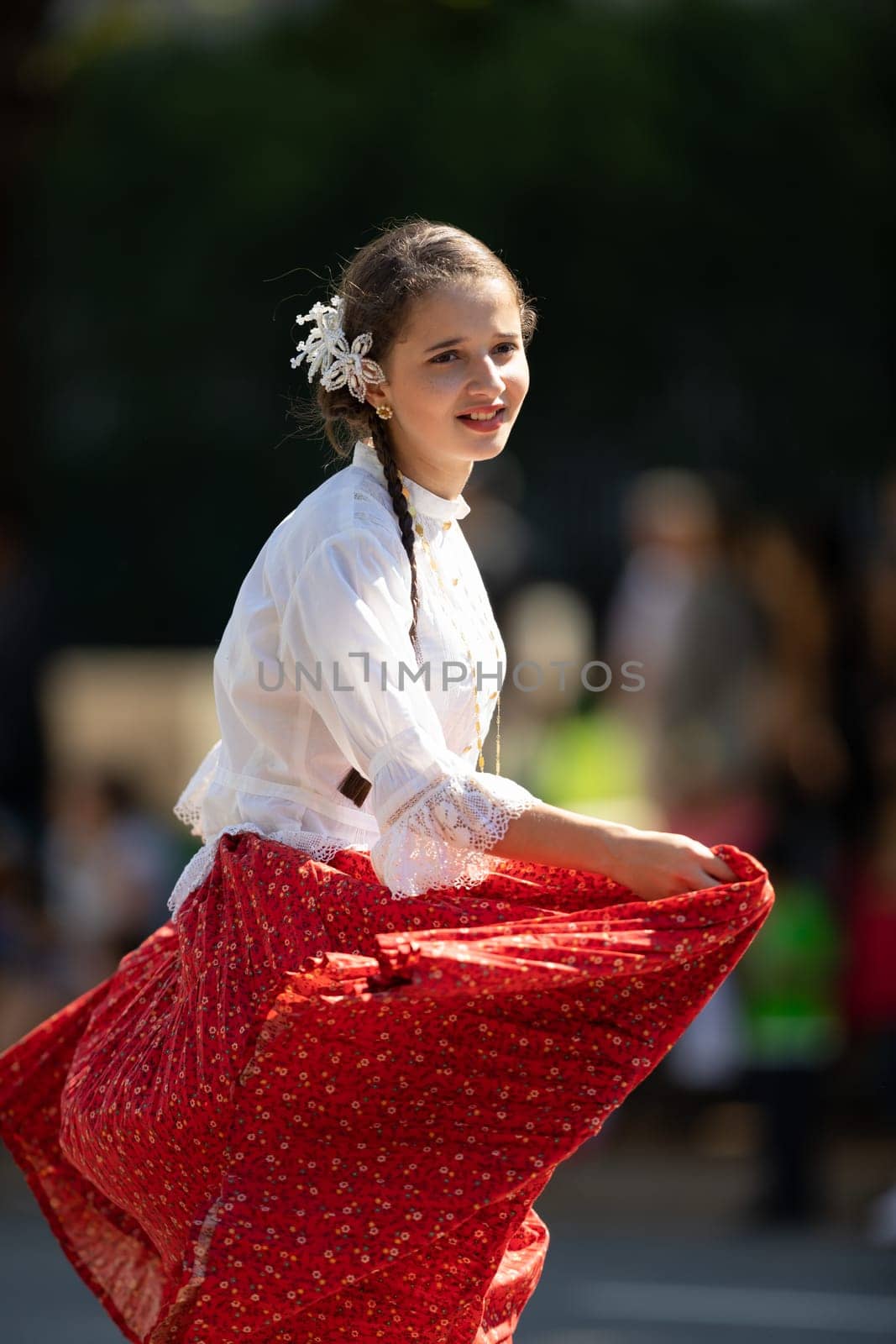 Washington, D.C., USA - September 29, 2018: The Fiesta DC Parade, Woman wearing traditional Panamanian clothing dancing